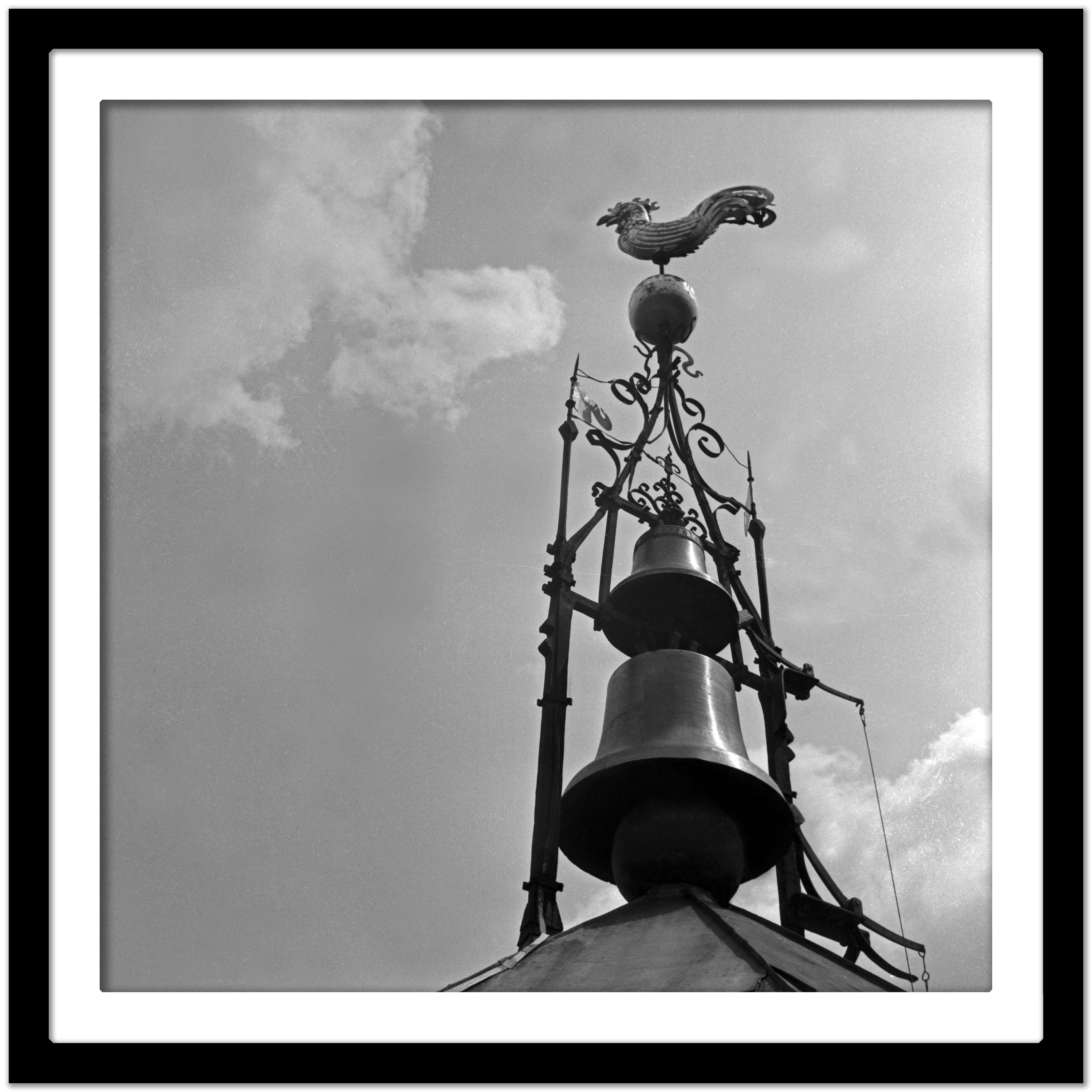 Weather vane bells at top of belfry Stuttgart, Germany 1935, Printed Later - Gray Black and White Photograph by Karl Heinrich Lämmel