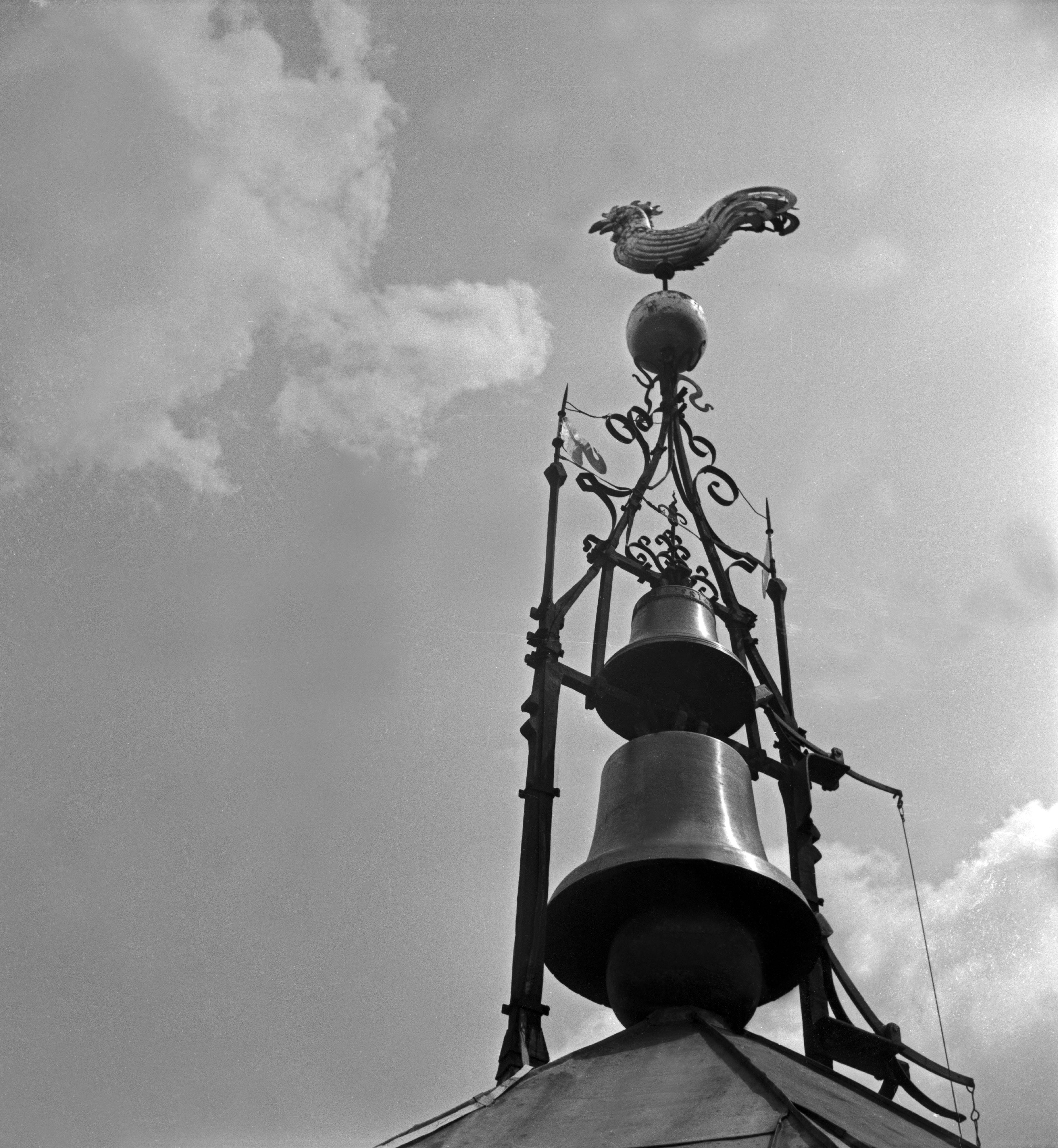 Karl Heinrich Lämmel Black and White Photograph - Weather vane bells at top of belfry Stuttgart, Germany 1935, Printed Later