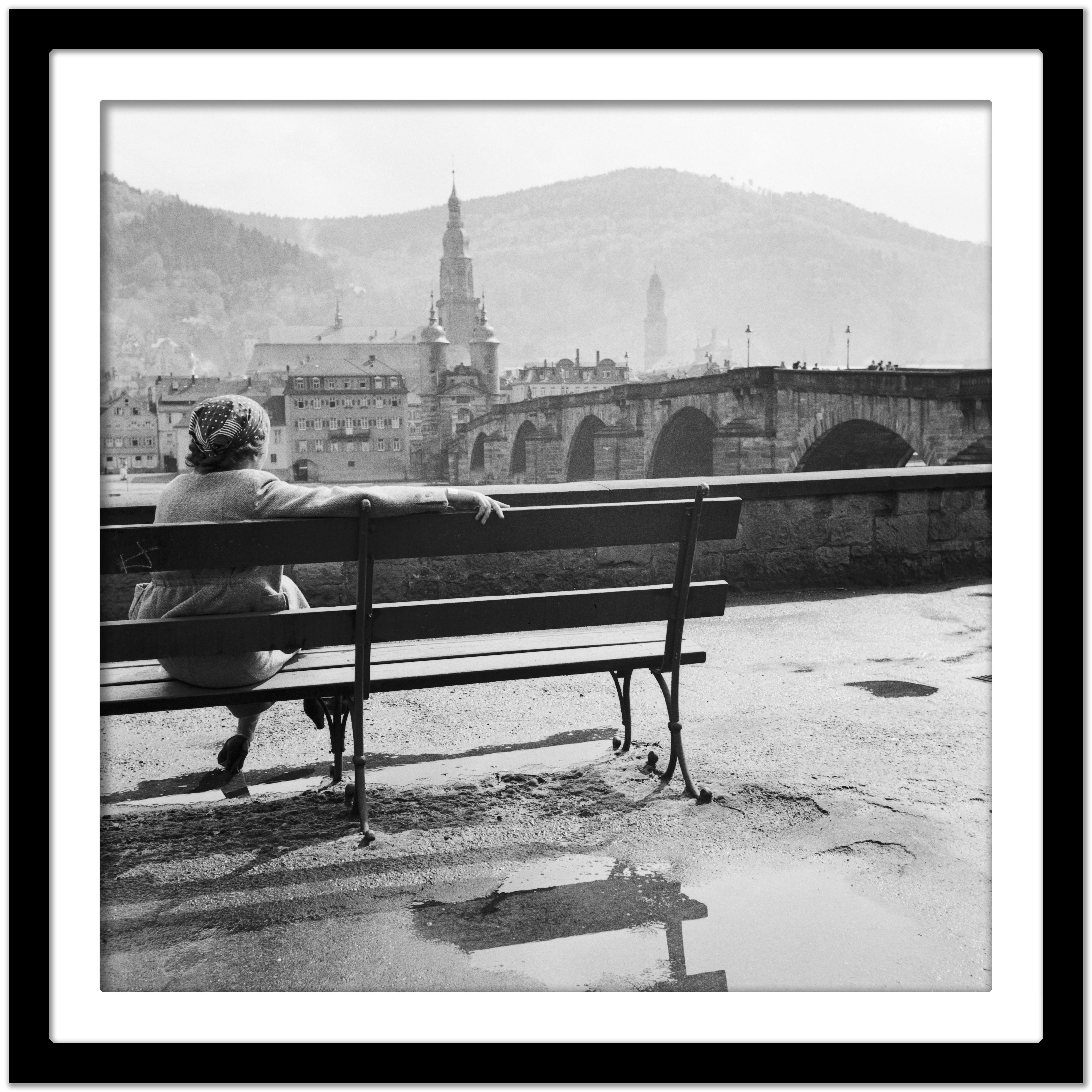 Woman sitting at Neckar on bench Heidelberg, Germany 1936, Printed Later  - Gray Black and White Photograph by Karl Heinrich Lämmel