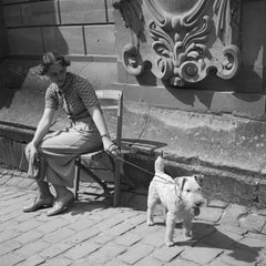 Woman with her pet dog at Heidelberg castle, Germany 1936, Printed Later 