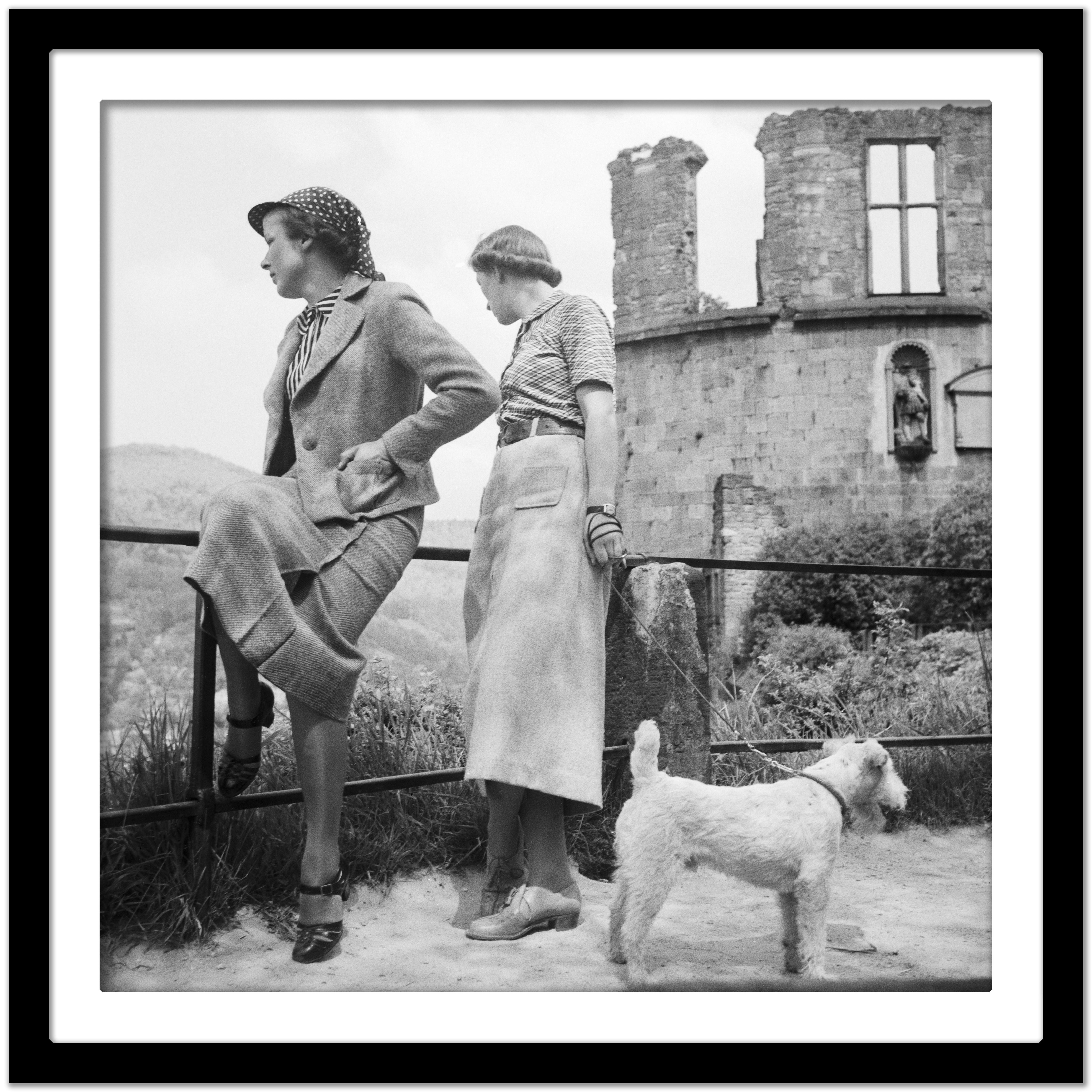 Women, Dog at Heidelberg castle on river neckar, Germany 1936, Printed Later  - Gray Black and White Photograph by Karl Heinrich Lämmel