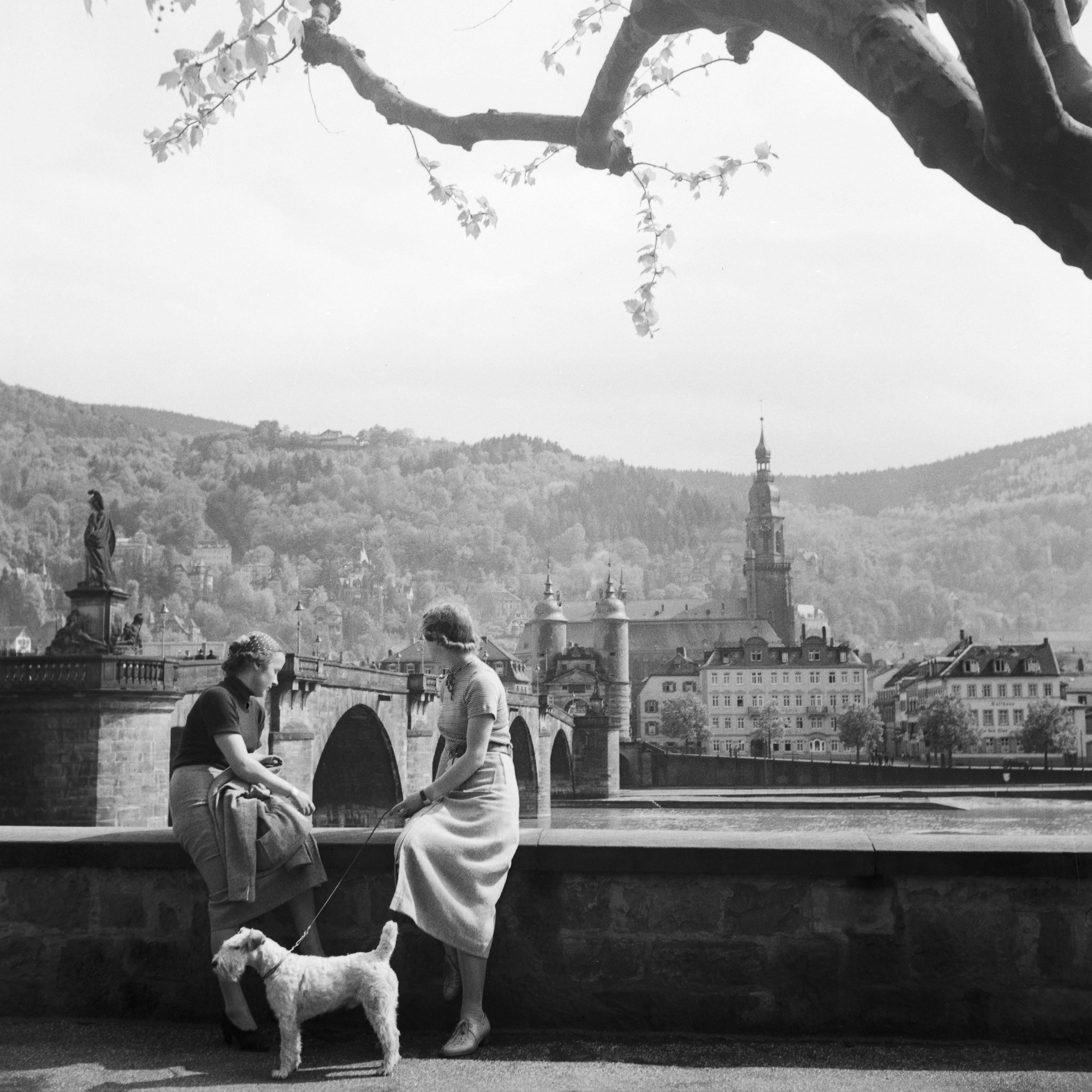Karl Heinrich Lämmel Black and White Photograph - Women, dog at Neckar Heiliggeist church Heidelberg, Germany 1936, Printed Later 