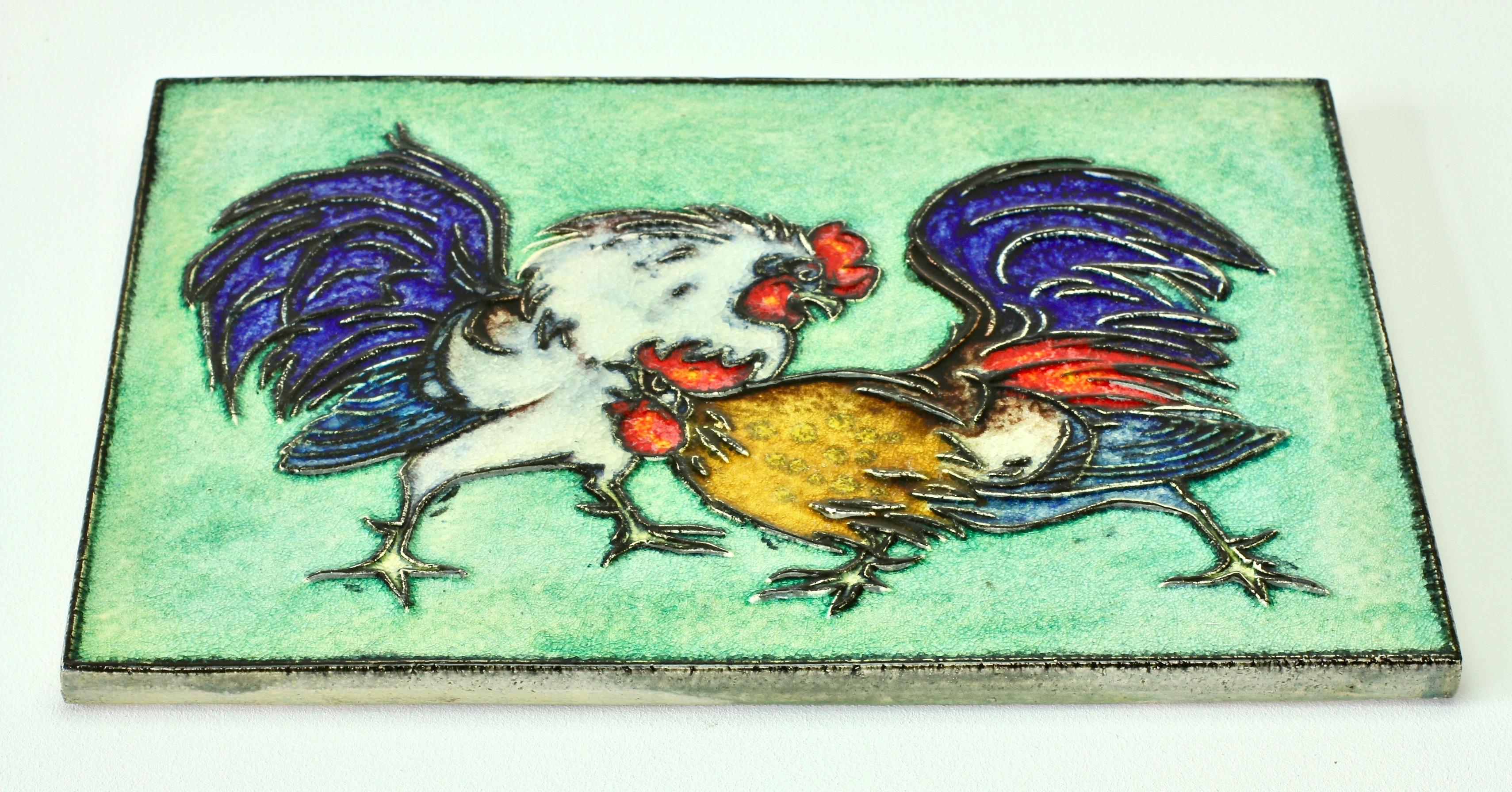 Wonderful large ceramic art tile / wall hung plaque by German artist Karl Heinz Feisst for Karlsruhe Majolika (Majolica) circa 1970. He was one of their top artists at that time as well as artists such as Walter Bosse, Eva Fritz-Lindner and Peter