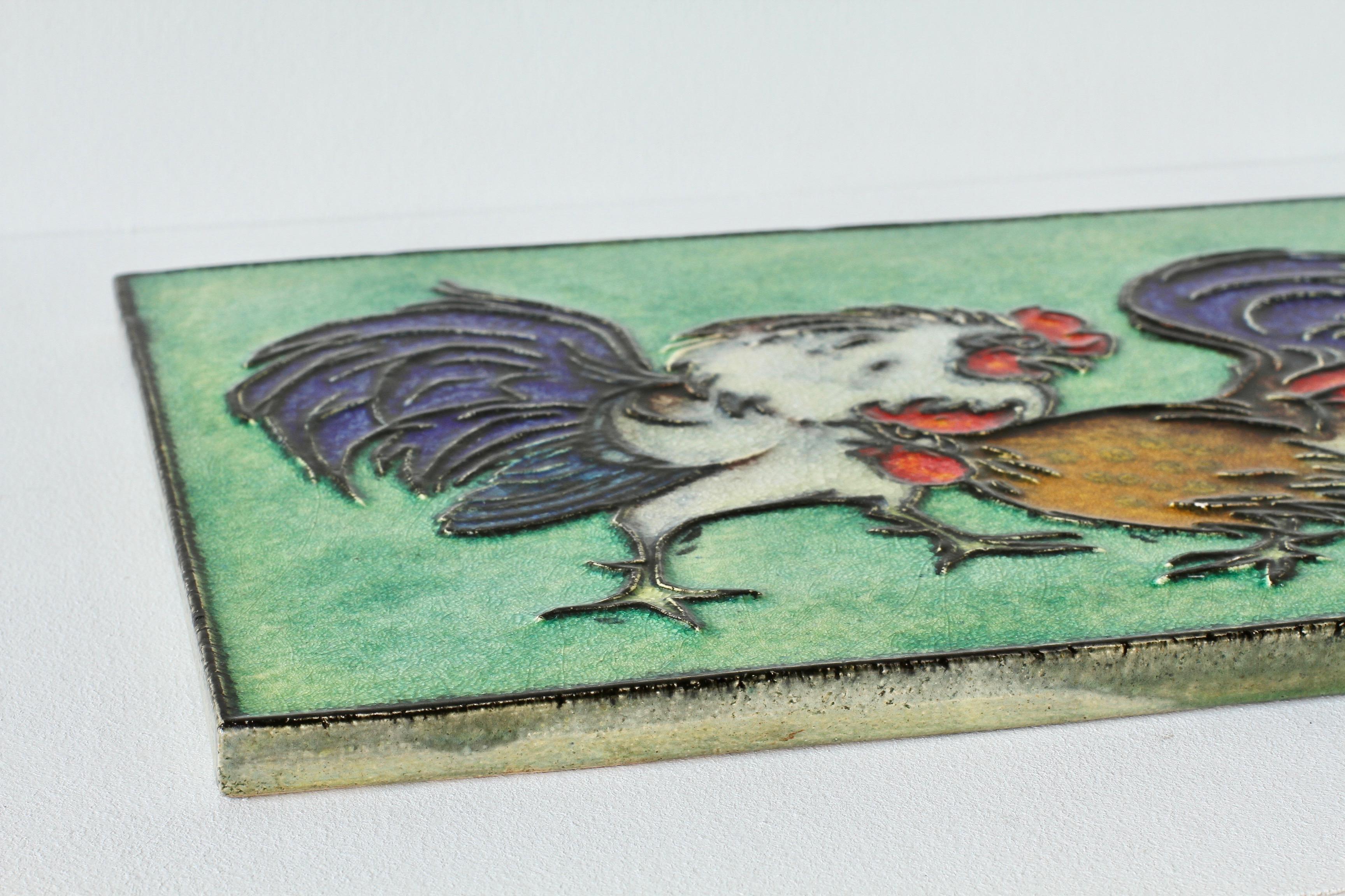 Karl-Heinz Feisst Ceramic Tile Fighting Cocks for Karlsruhe Majolika, circa 1970 In Good Condition In Landau an der Isar, Bayern