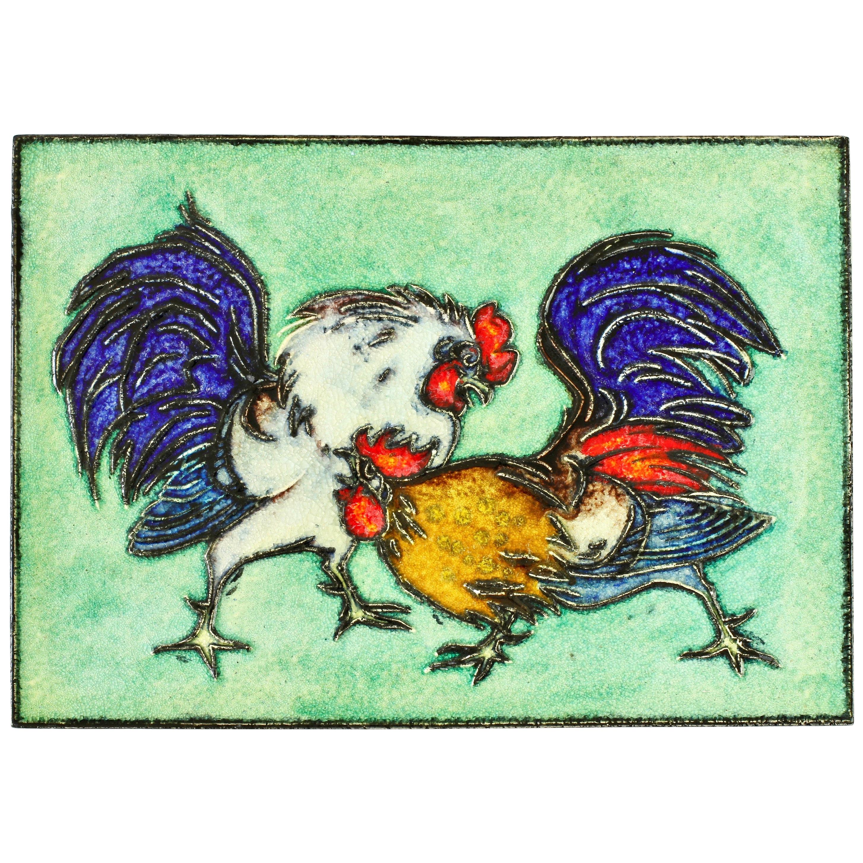 Karl-Heinz Feisst Ceramic Tile Fighting Cocks for Karlsruhe Majolika, circa 1970