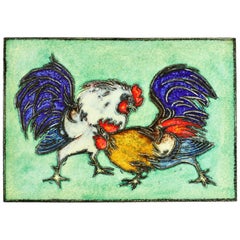 Vintage Karl-Heinz Feisst Ceramic Tile Fighting Cocks for Karlsruhe Majolika, circa 1970