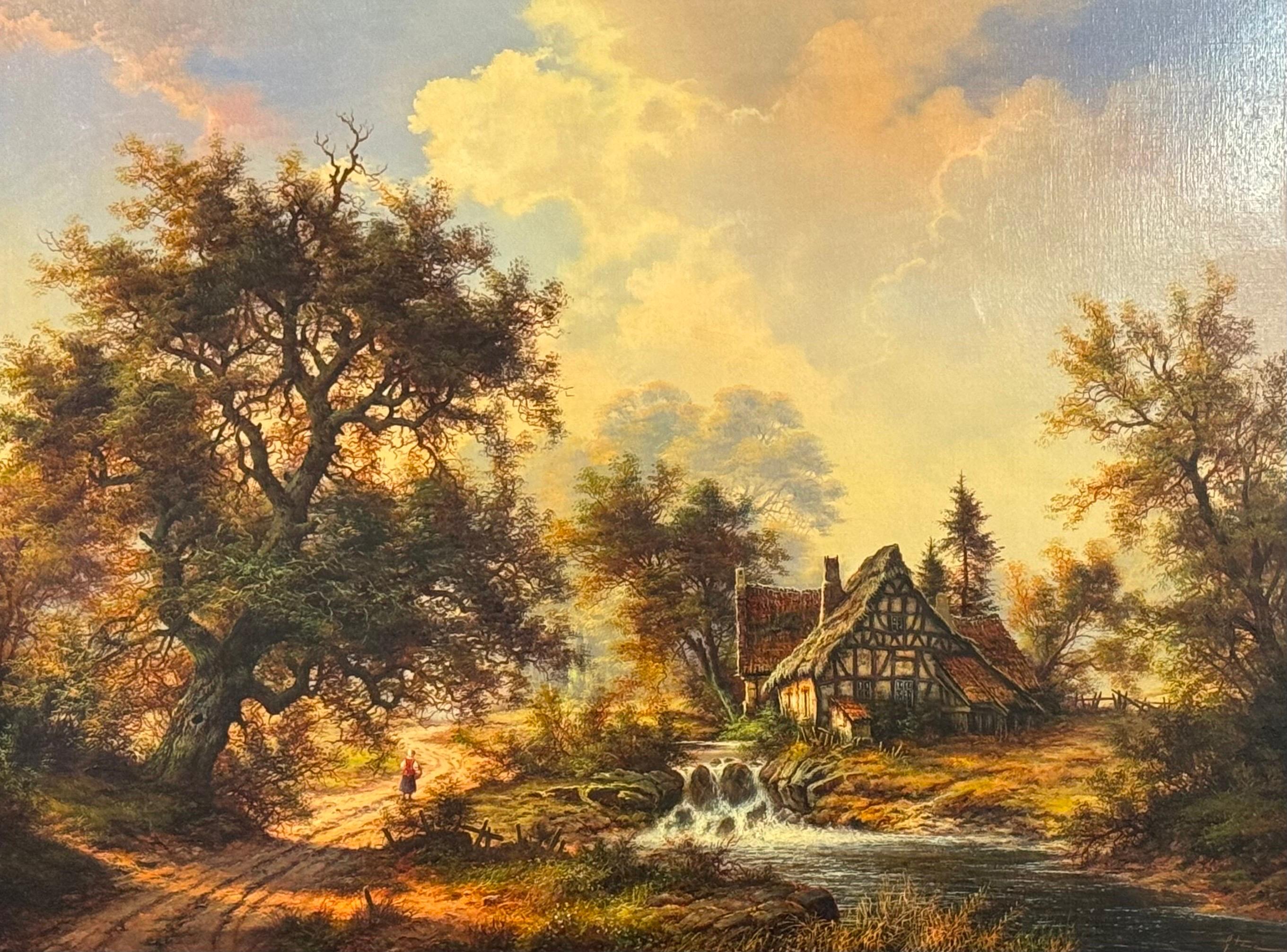 Casa de campo y viejo molino junto a un río en el bosque - Óleo vintage de artista alemán en venta 5
