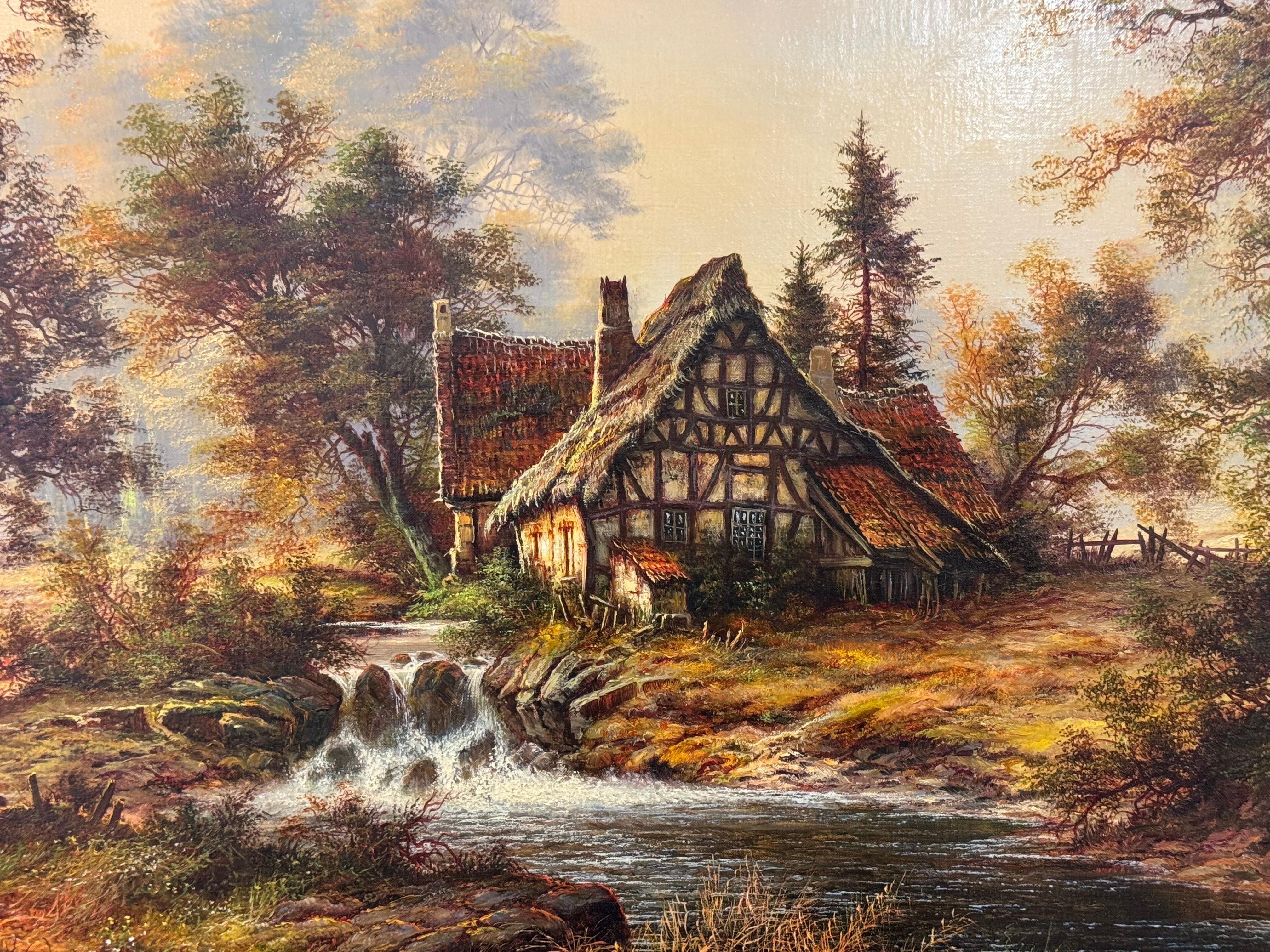Casa de campo y viejo molino junto a un río en el bosque - Óleo vintage de artista alemán en venta 12