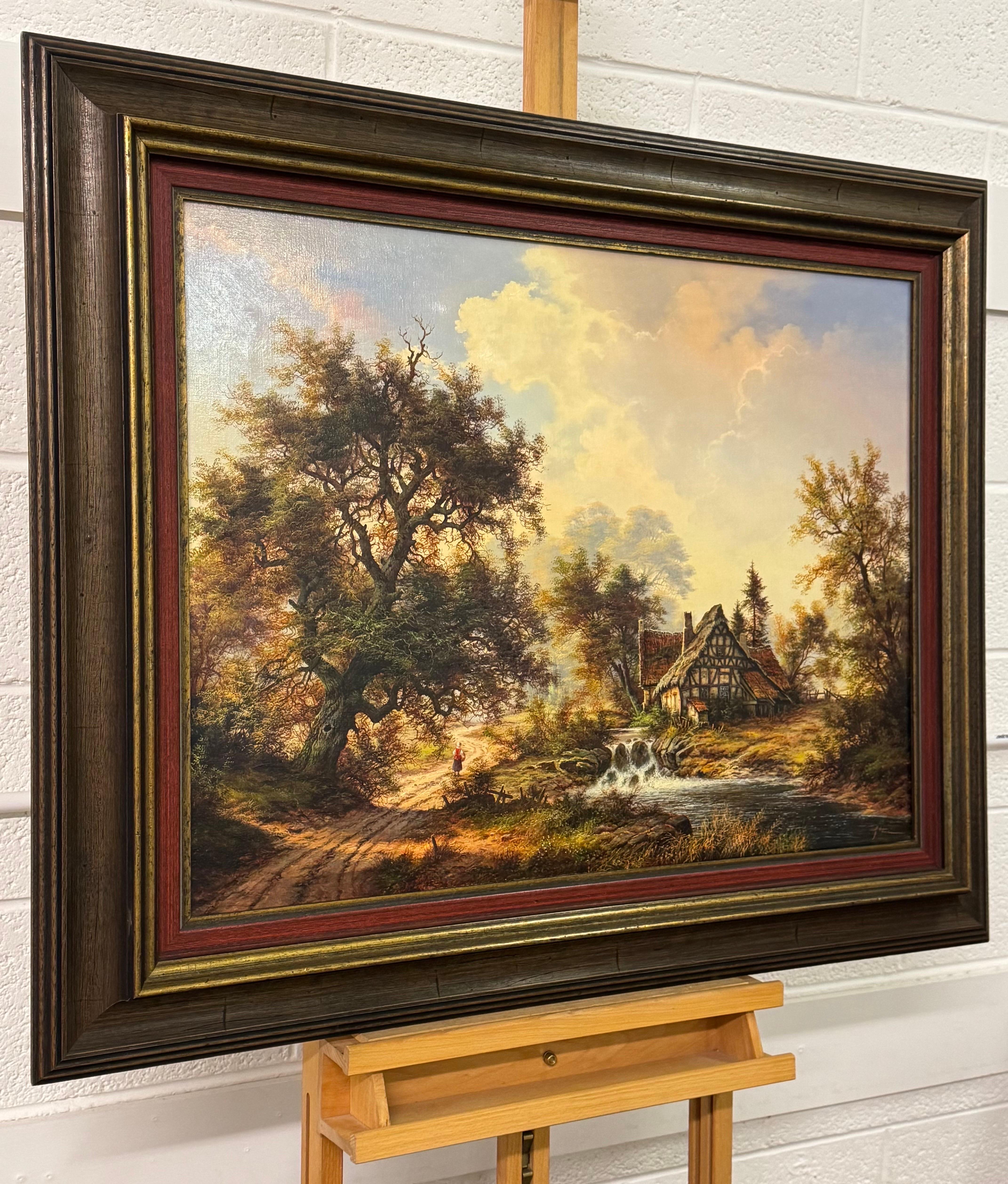 Casa de campo y viejo molino junto a un río en el bosque - Óleo vintage de artista alemán - Painting de Karl Heinz Stienen