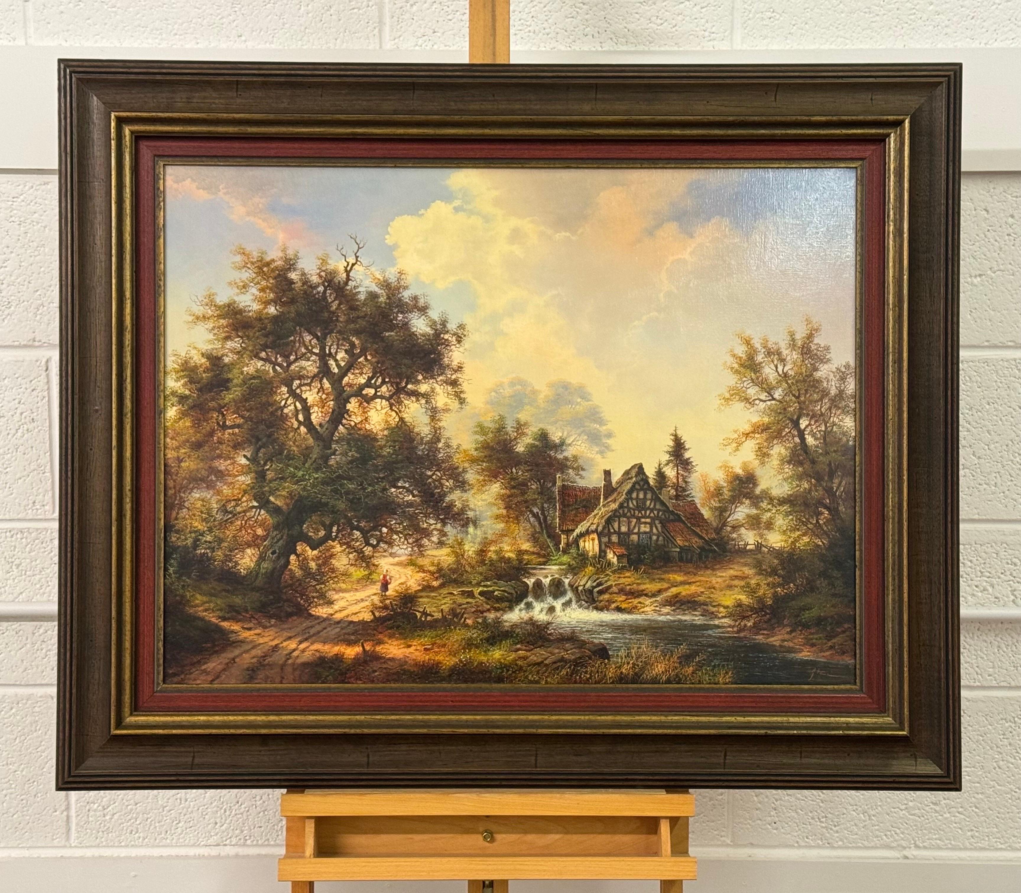 Casa de campo y viejo molino junto a un río en el bosque - Óleo vintage de artista alemán - Painting Realista de Karl Heinz Stienen