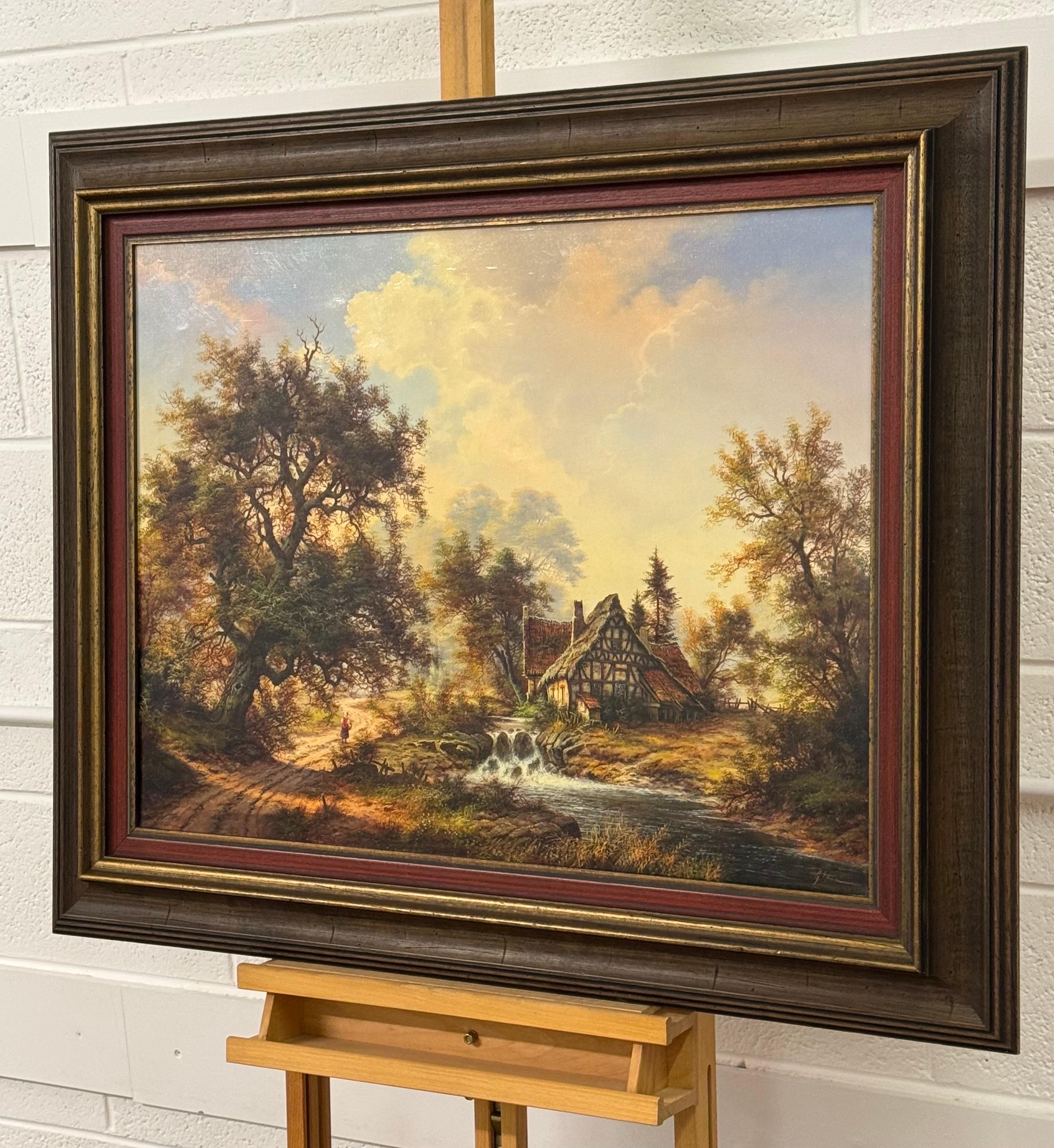 Casa de campo y viejo molino junto a un río en el bosque - Óleo vintage de artista alemán - Landscape Painting Marrón de Karl Heinz Stienen