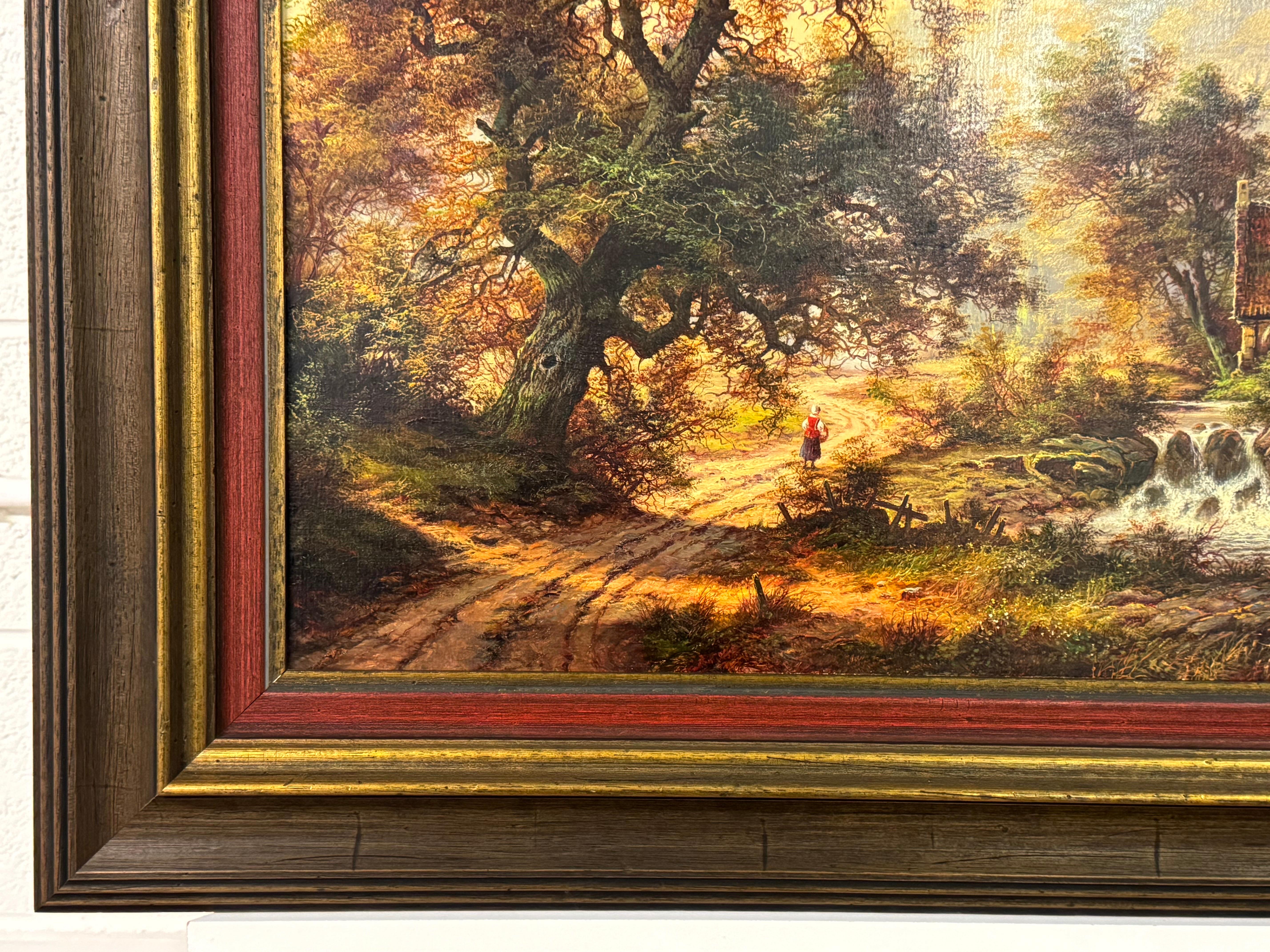 Casa de campo y viejo molino junto a un río en el bosque - Óleo vintage de artista alemán en venta 2