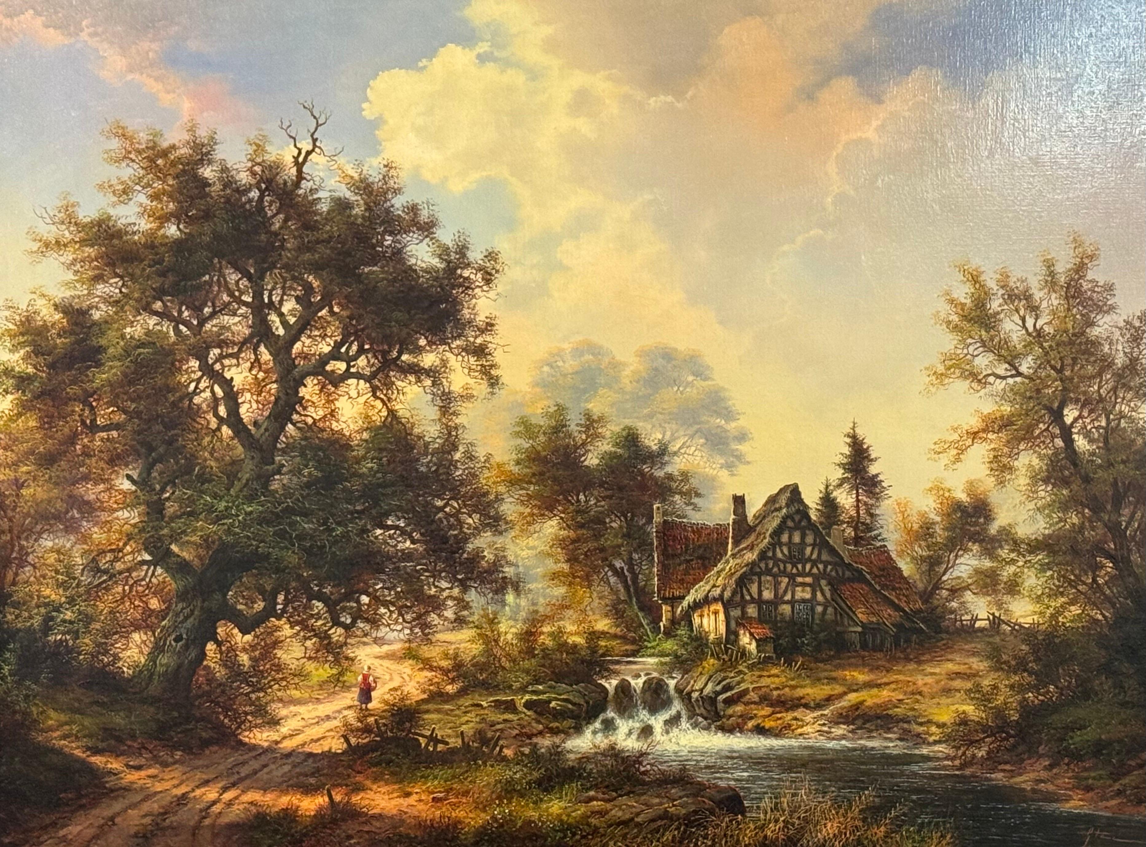 Casa de campo y viejo molino junto a un río en el bosque - Óleo vintage de artista alemán en venta 4