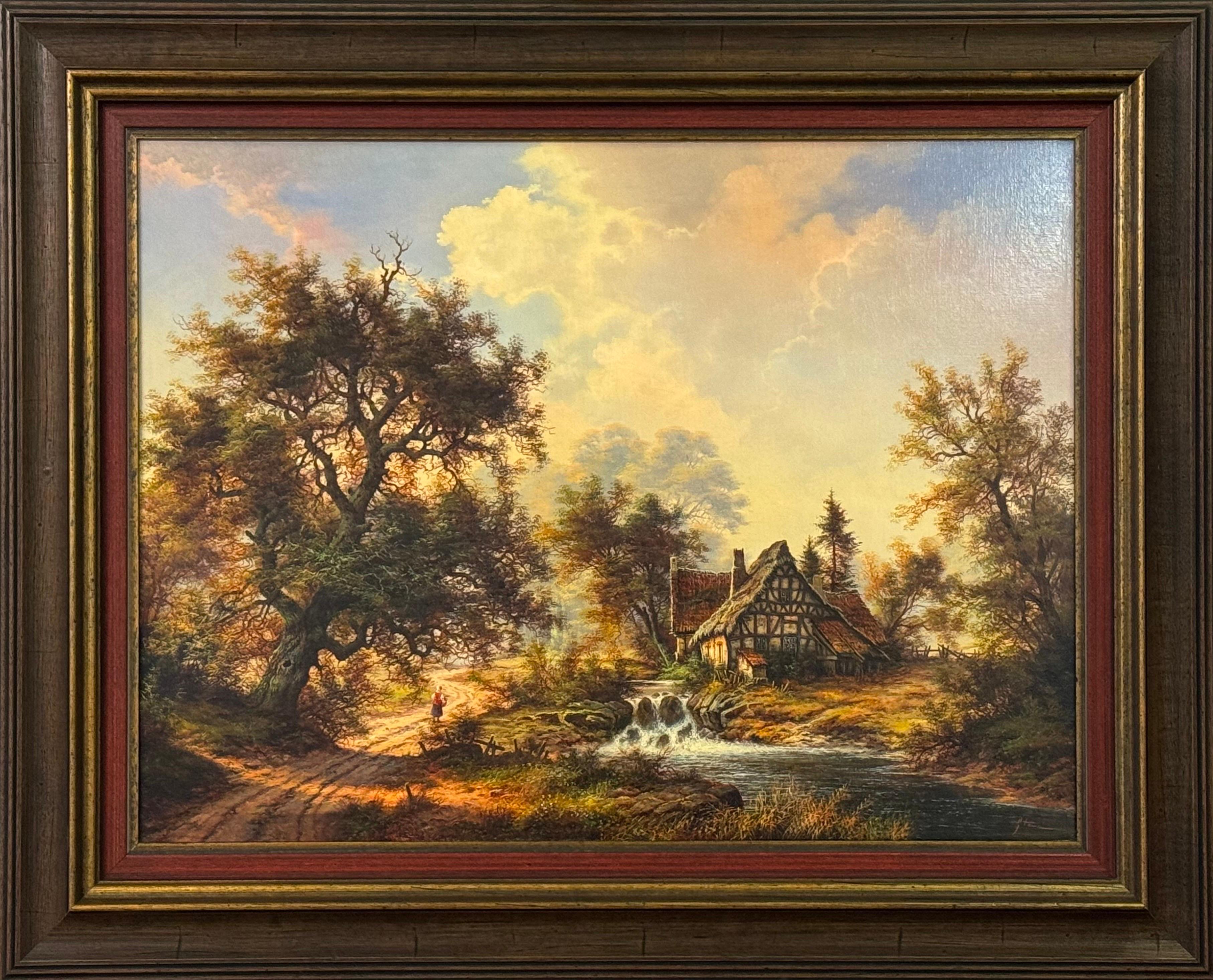 Landscape Painting de Karl Heinz Stienen - Casa de campo y viejo molino junto a un río en el bosque - Óleo vintage de artista alemán