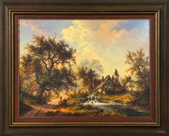 Country House & Old Mill by a River in the Woods - Vintage Oil by German Artist