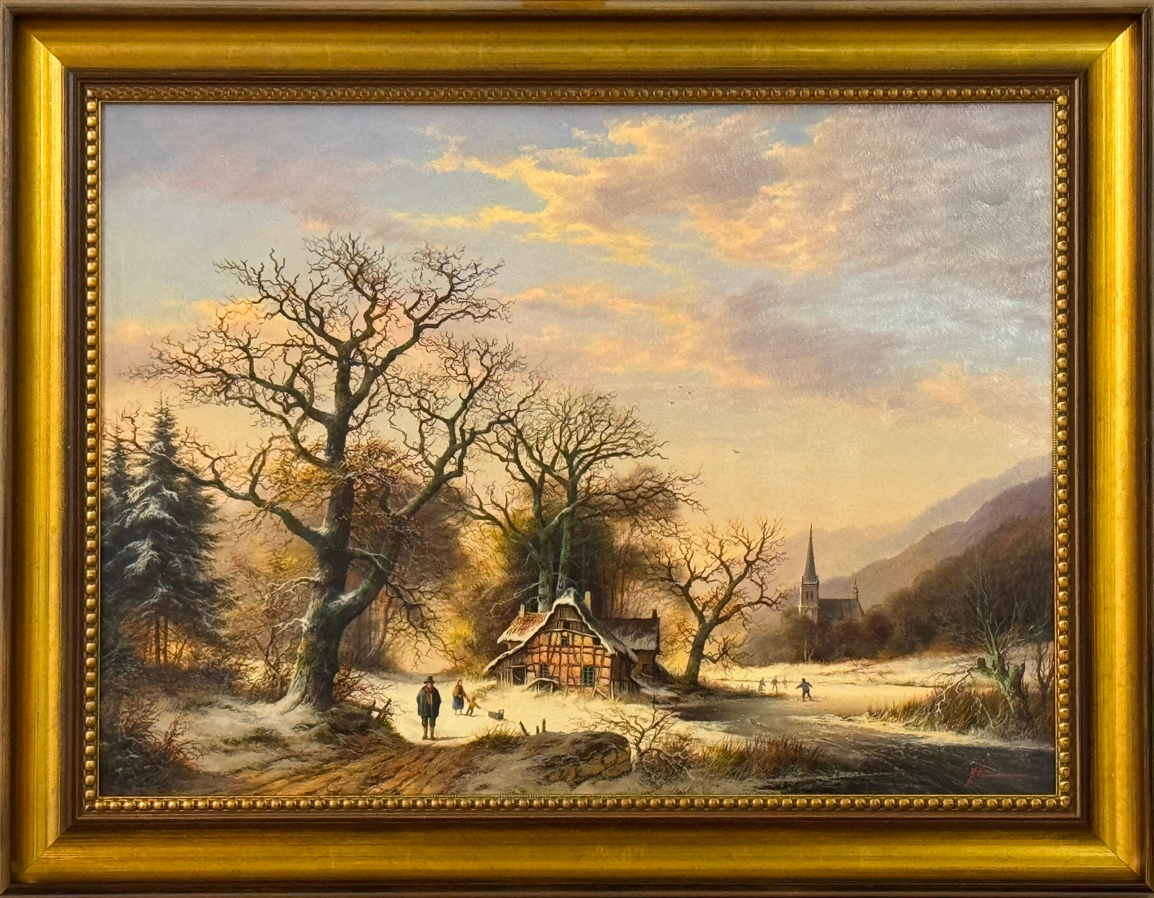 Vintage Rural Landscape Snow Scene "Winter Cold, Farm Idyll" by German Artist