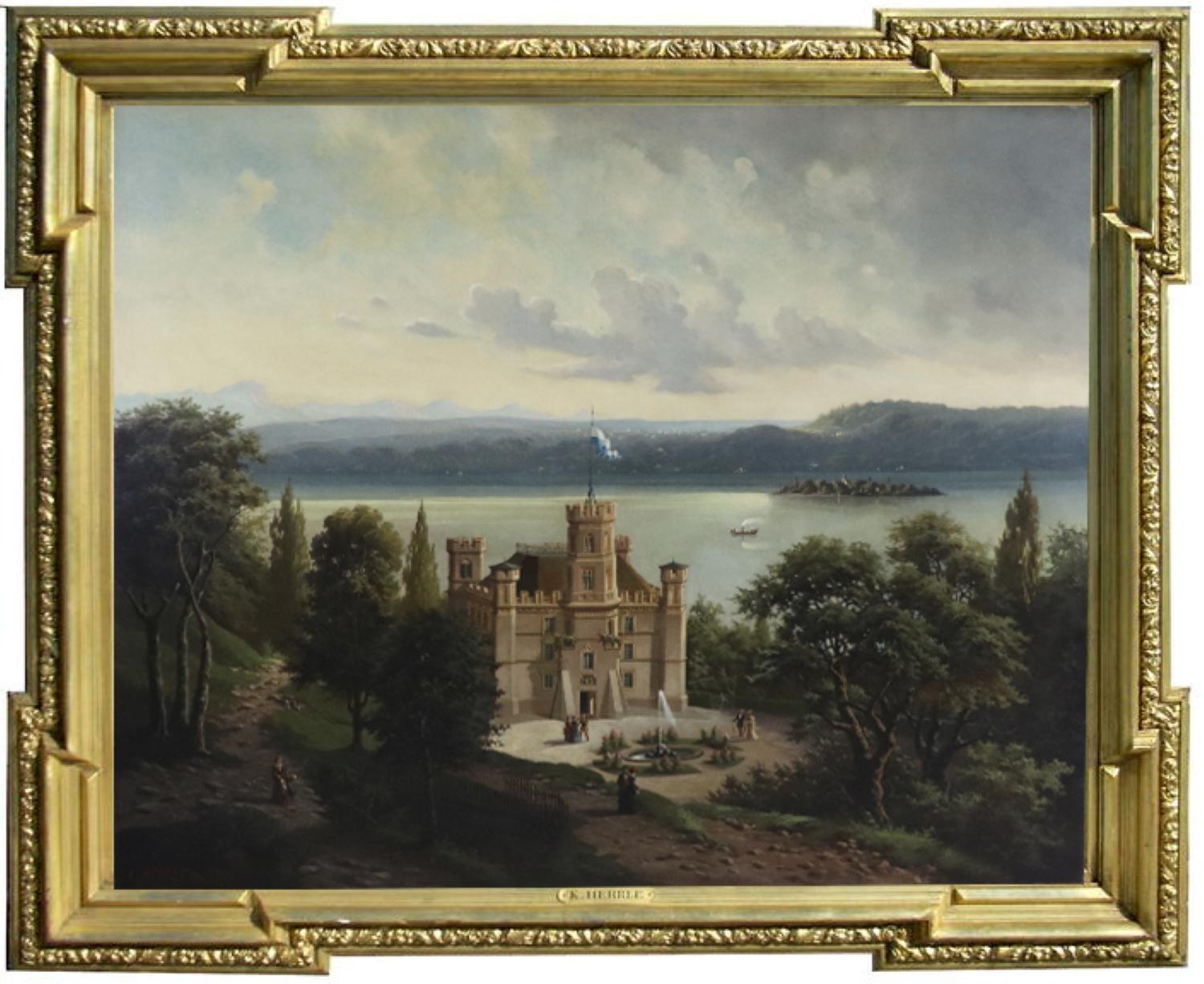 A Bavarian Castle in an extensive Landscape with a Lake - Painting by Karl Herrle                                                                            