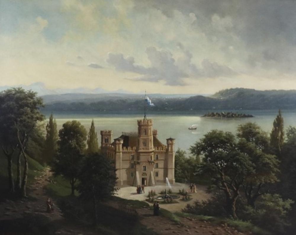 Karl Herrle                                                                             Landscape Painting - A Bavarian Castle in an extensive Landscape with a Lake
