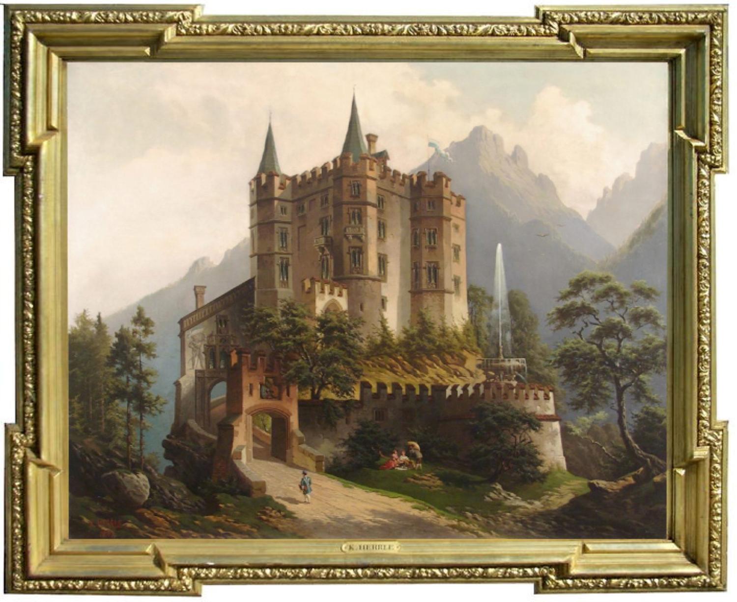 A Bavarian Castle in the Mountains    - Painting by Karl Herrle                                                                            