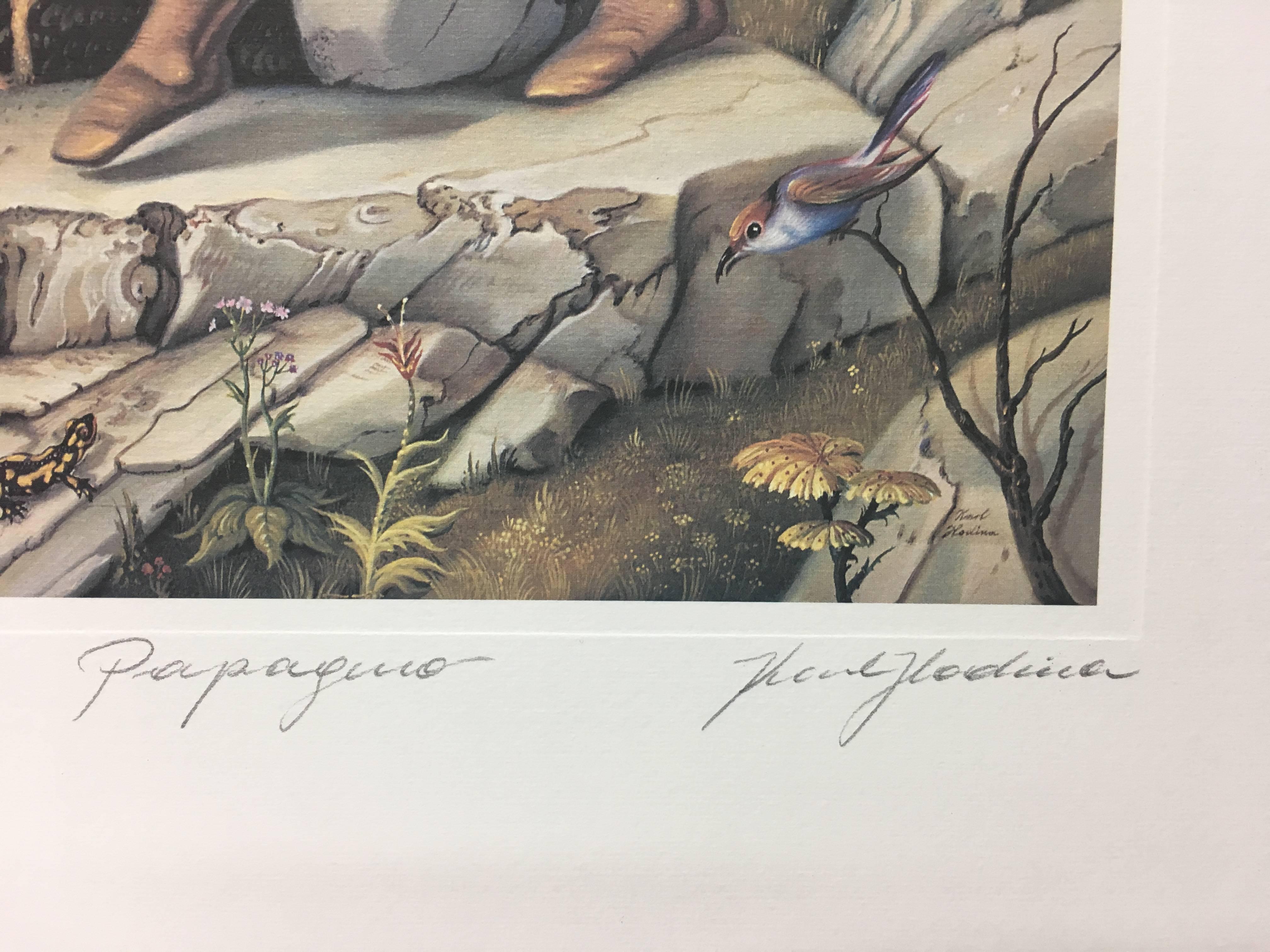 Papageno  Original-Lithographie, Gemälde in limitierter Auflage (Surrealismus), Print, von Karl Hodina