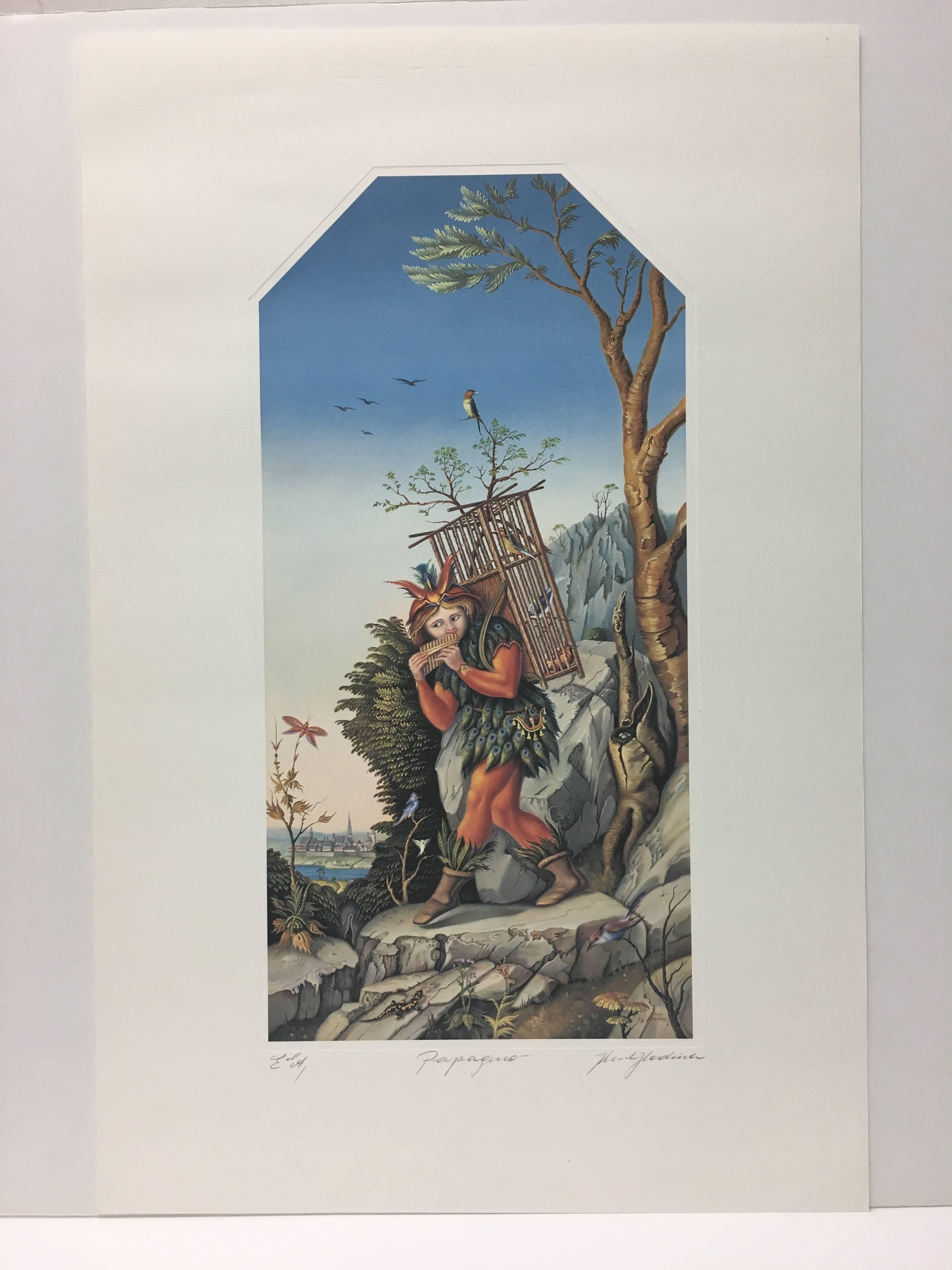Karl Hodina Figurative Print – Papageno  Original-Lithographie, Gemälde in limitierter Auflage