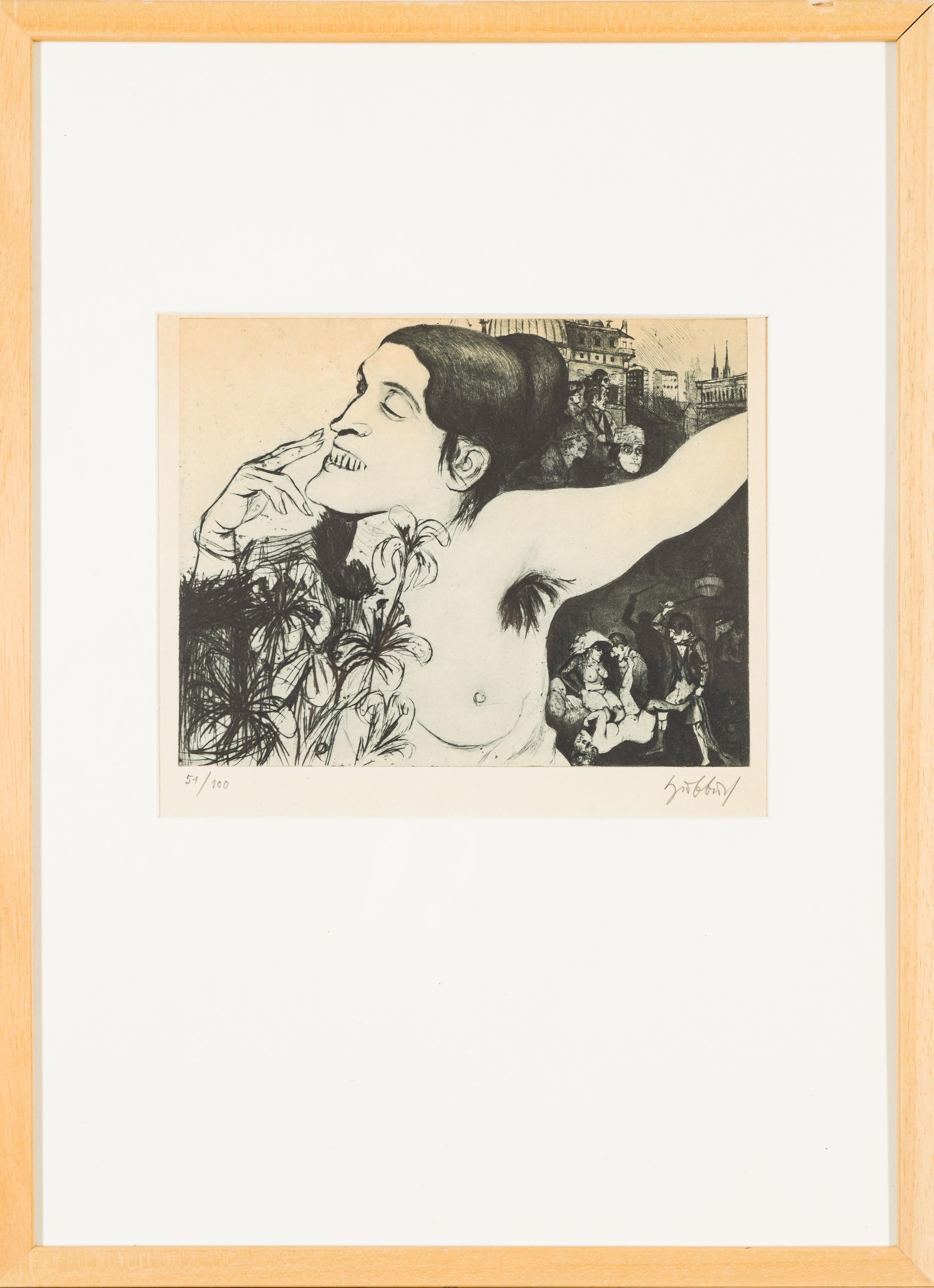 Milly in Berlin - Beige Nude Print by Karl Hubbuch