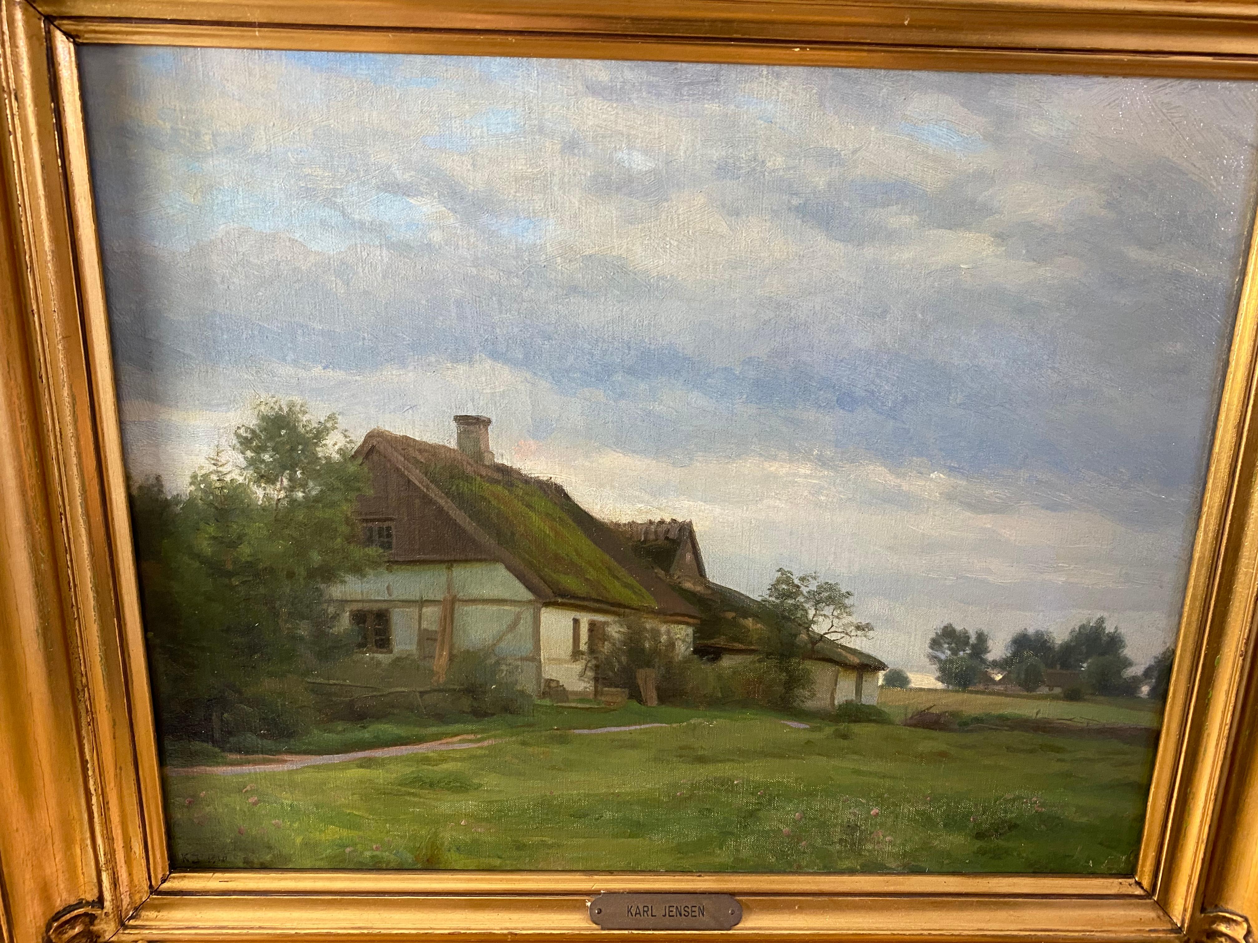 Hand-Painted Karl Jensen View from a Thatched Farmhouse, Signed and Dated K. J. 1910 For Sale