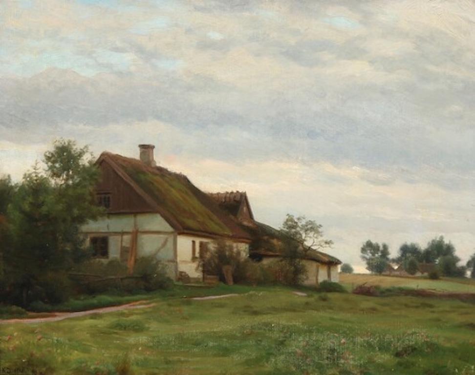 Hand-Painted Karl Jensen View from a Thatched Farmhouse, Signed and Dated K. J. 1910 For Sale
