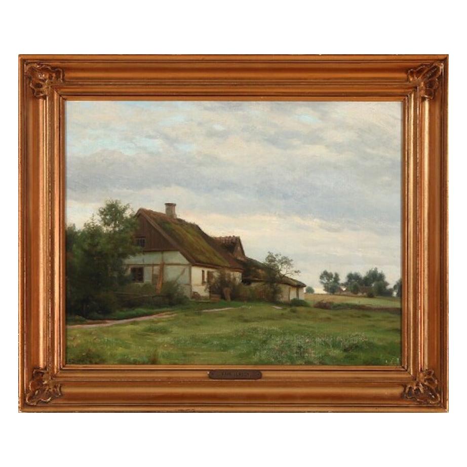 Karl Jensen View from a Thatched Farmhouse, Signed and Dated K. J. 1910