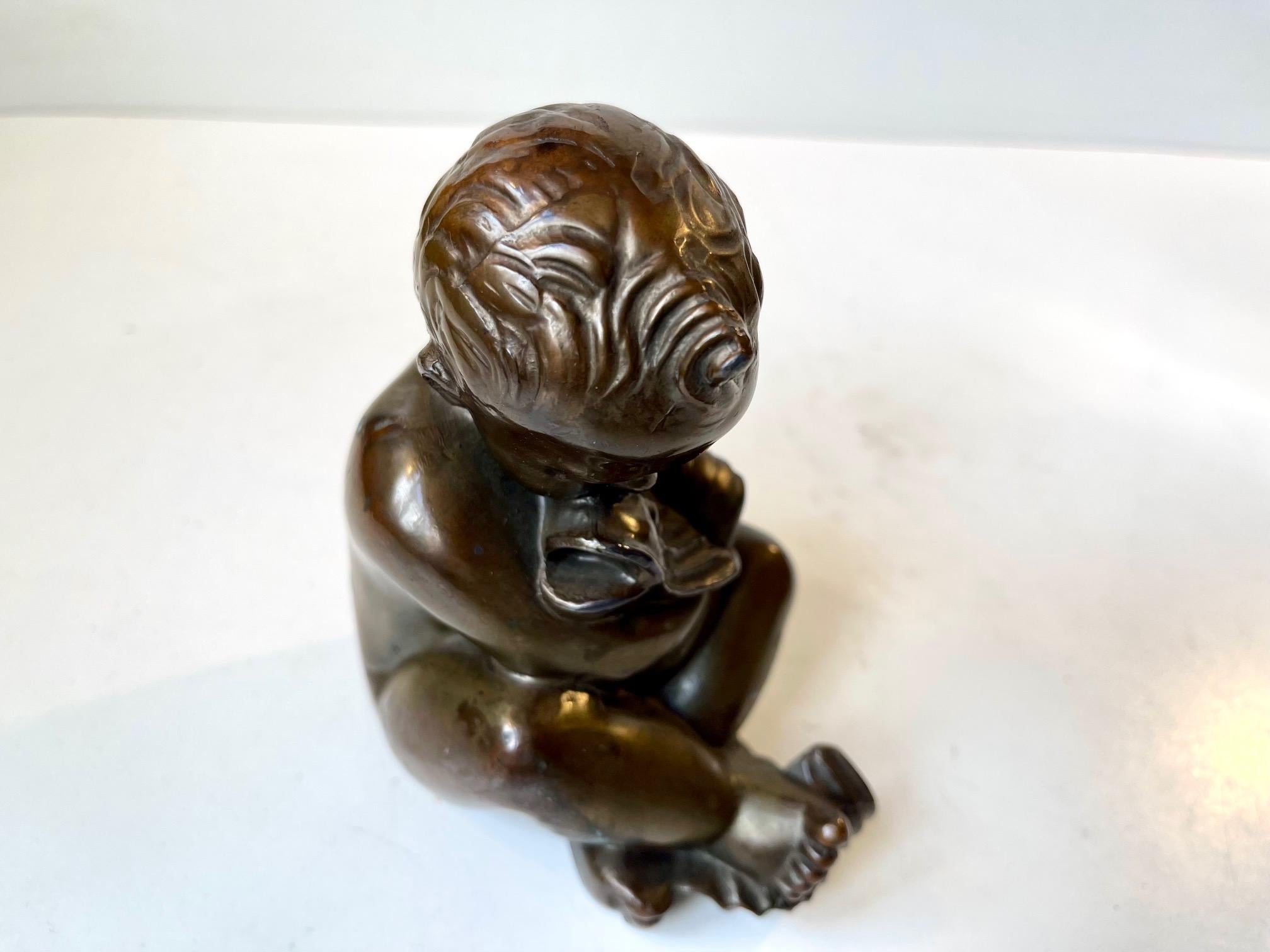 German Karl Josef Hoffman Bronze Sculpture Baby Boy and Fish in Embrace, 1950s For Sale