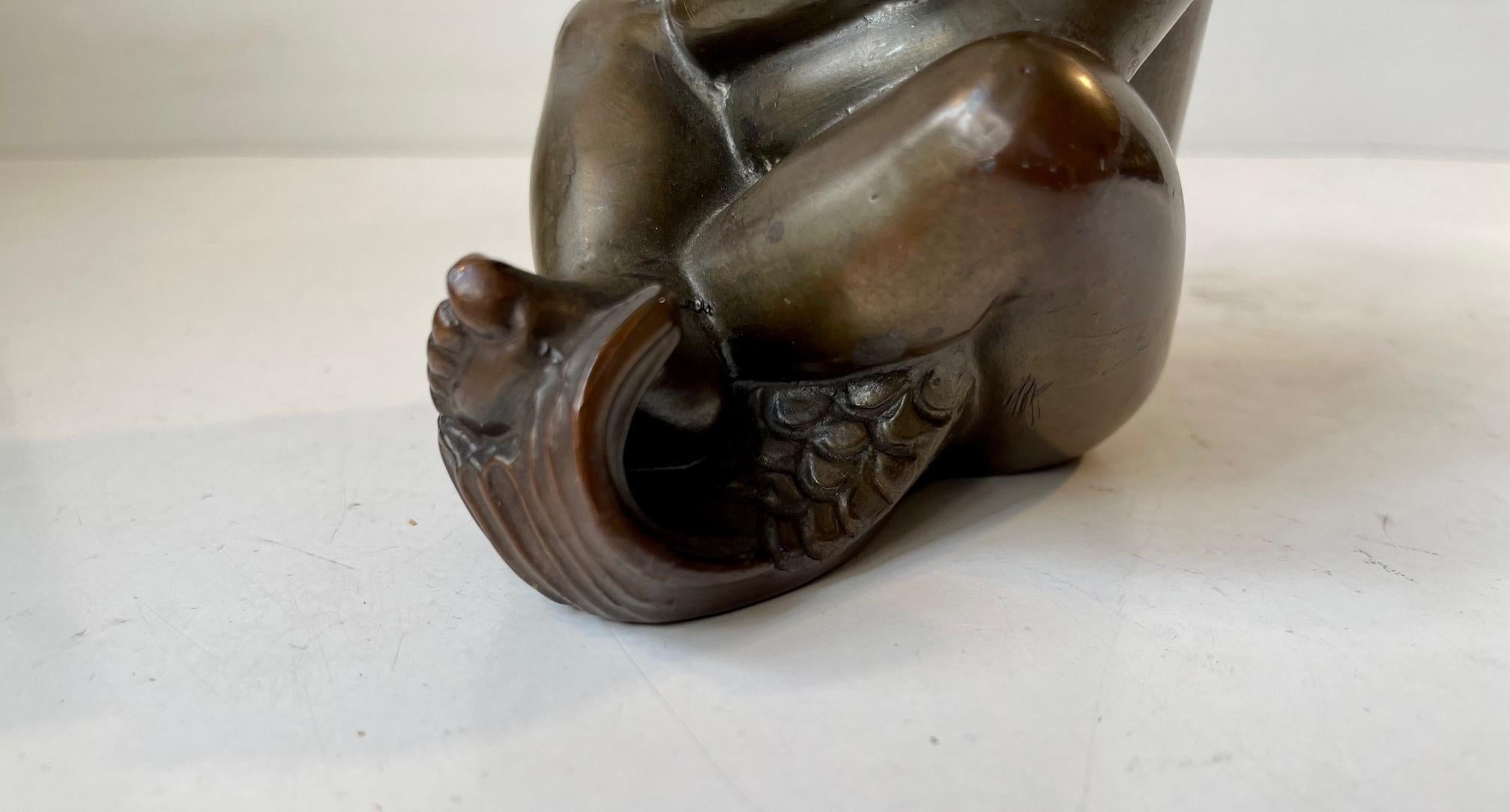 Cast Karl Josef Hoffman Bronze Sculpture Baby Boy and Fish in Embrace, 1950s For Sale