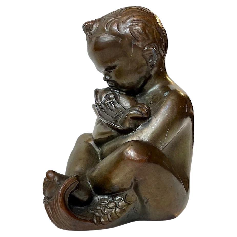 Karl Josef Hoffman Bronze Sculpture Baby Boy and Fish in Embrace, 1950s For Sale