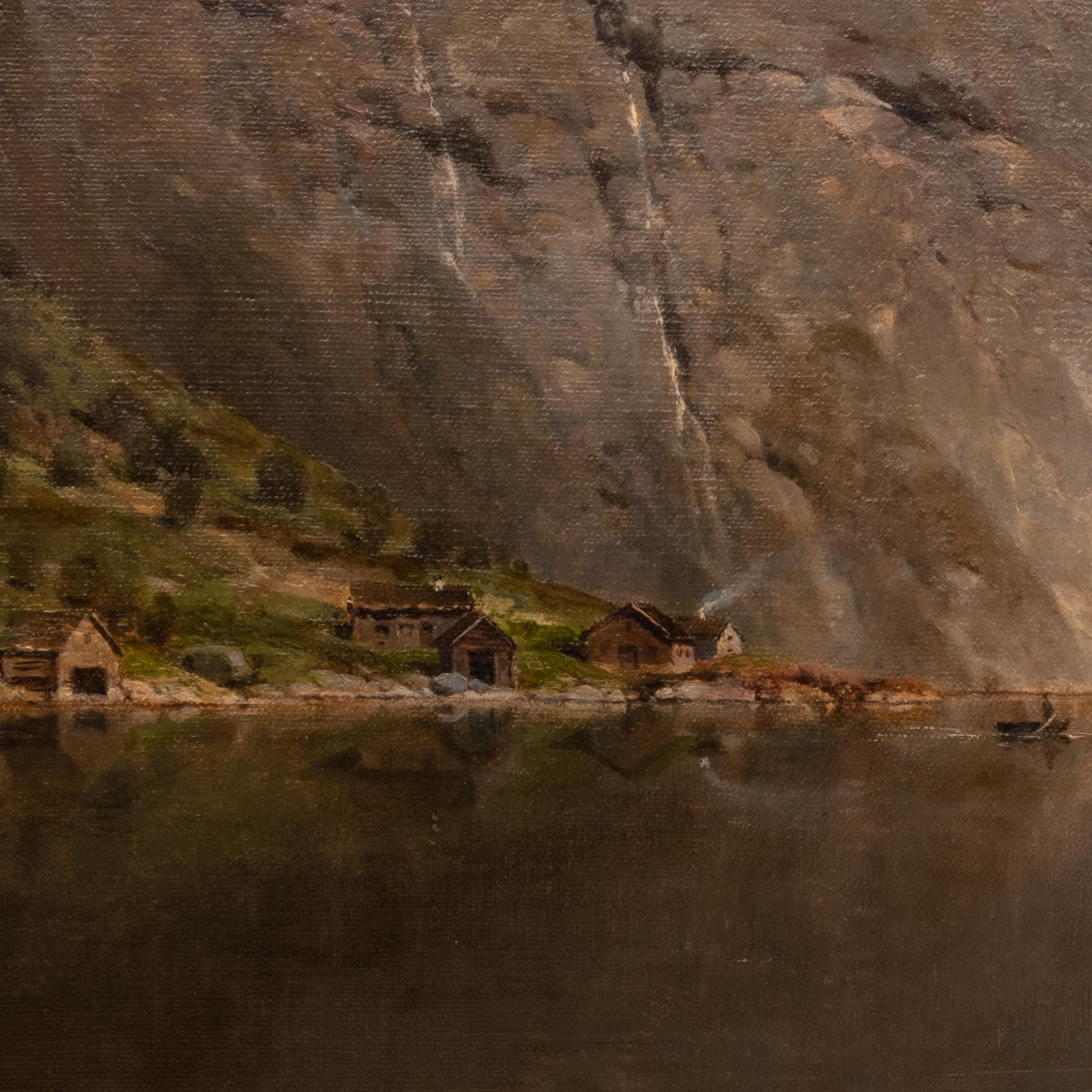 Large Antique German Oil on Canvas Norwegian Fjord Landscape Scene 1890 For Sale 5