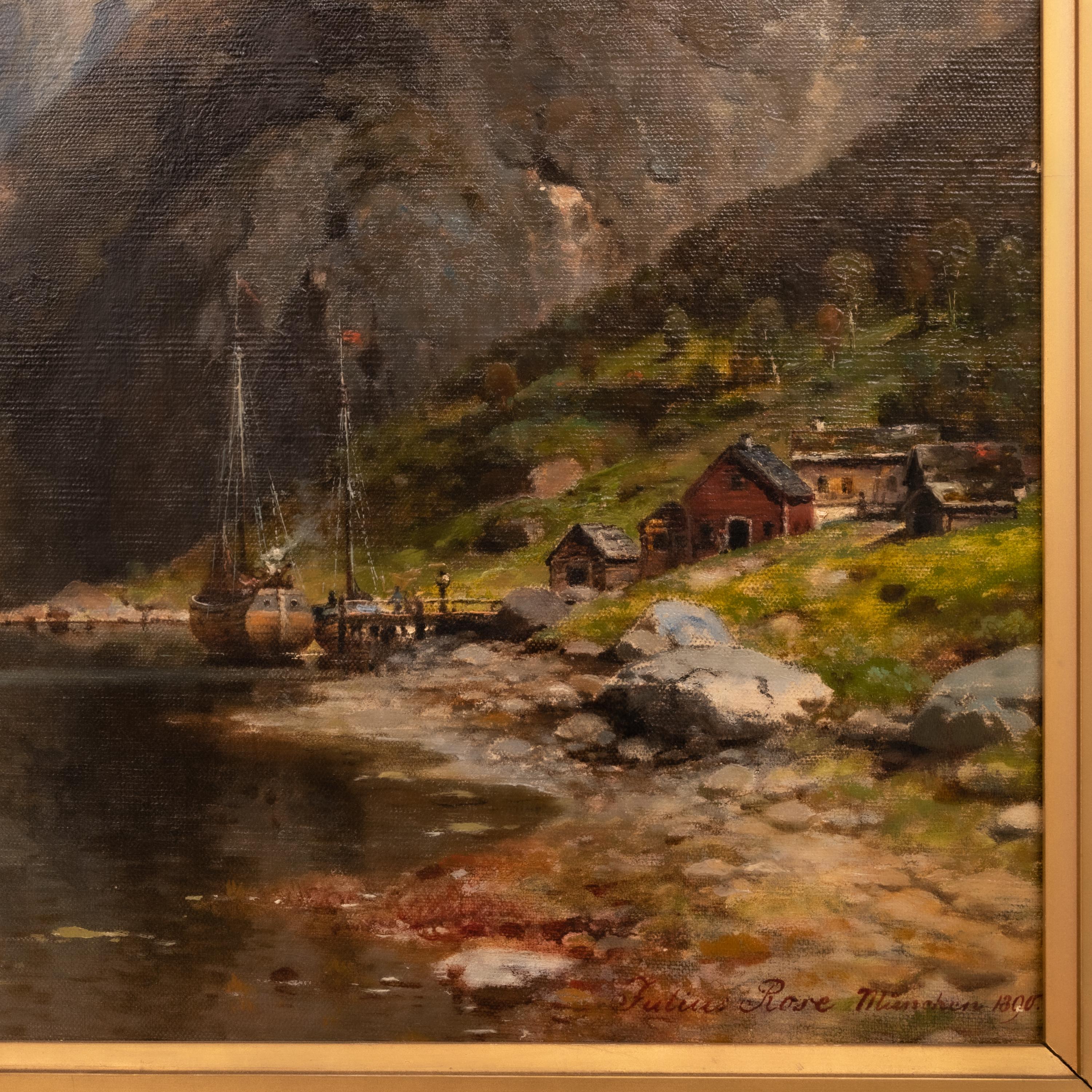 Large Antique German Oil on Canvas Norwegian Fjord Landscape Scene 1890 For Sale 6