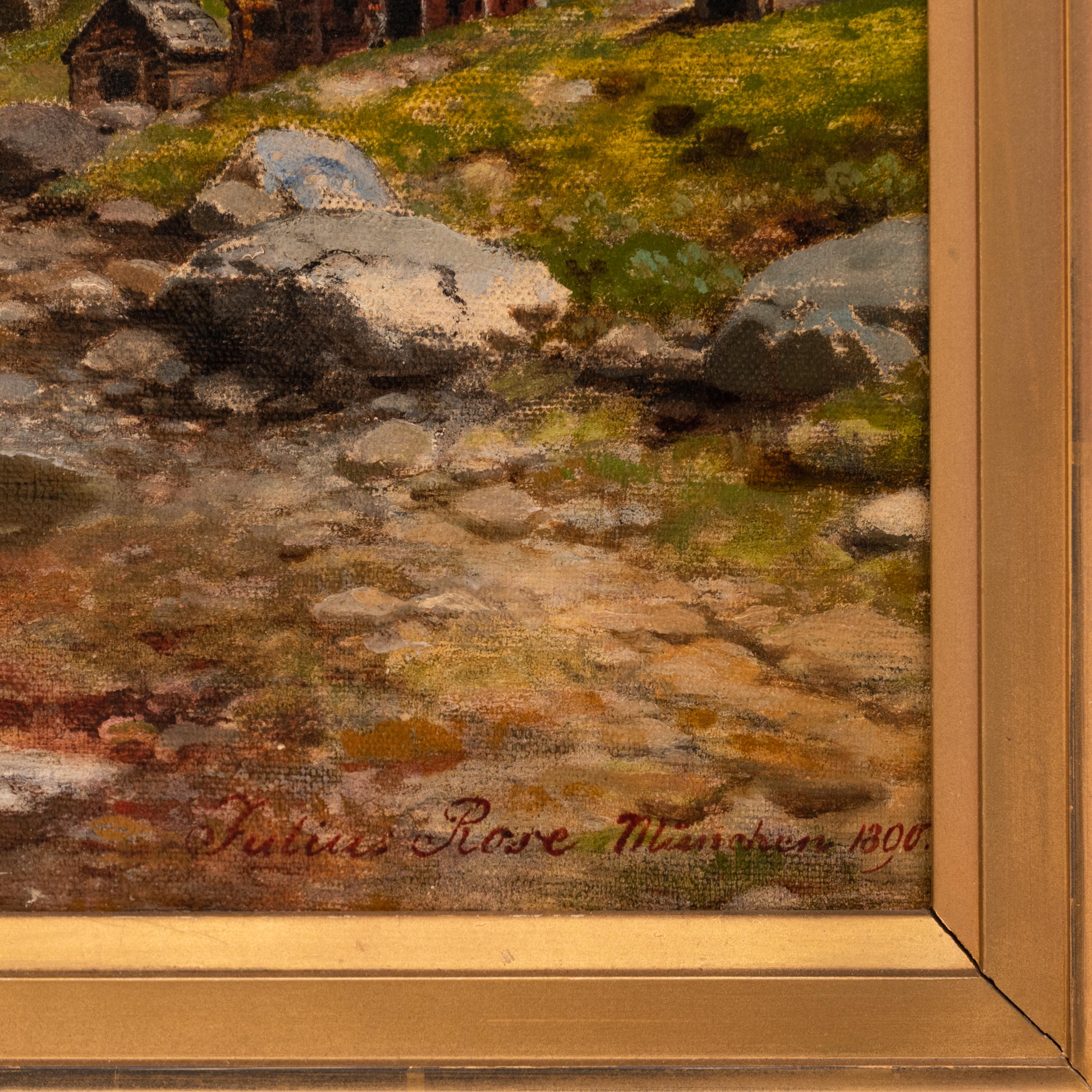 Large Antique German Oil on Canvas Norwegian Fjord Landscape River Boats Scene For Sale 7
