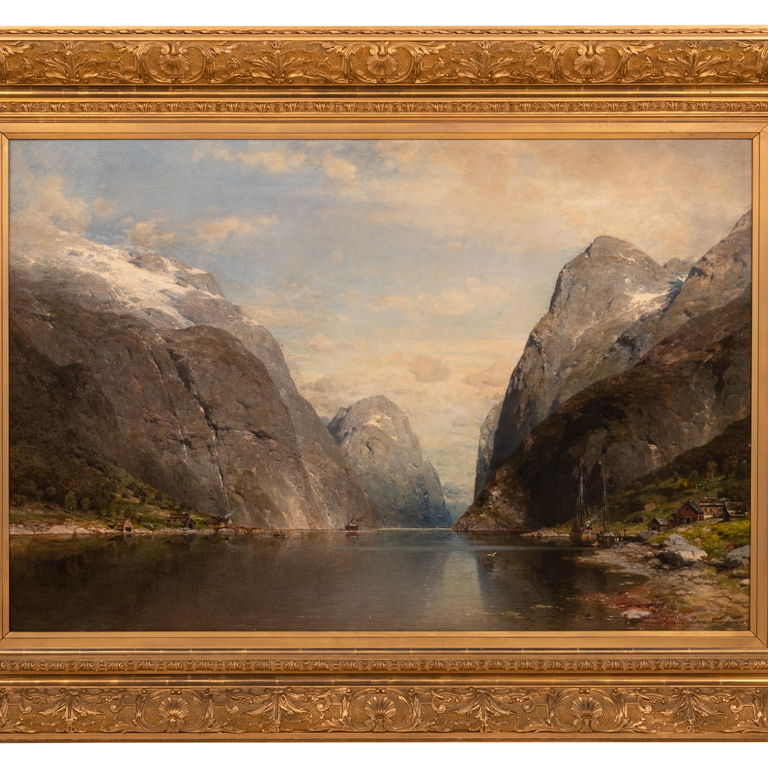 Grande huile sur toile allemande ancienne représentant un paysage norvégien de Fjord, 1890 - Painting de KARL JULIUS ROSE