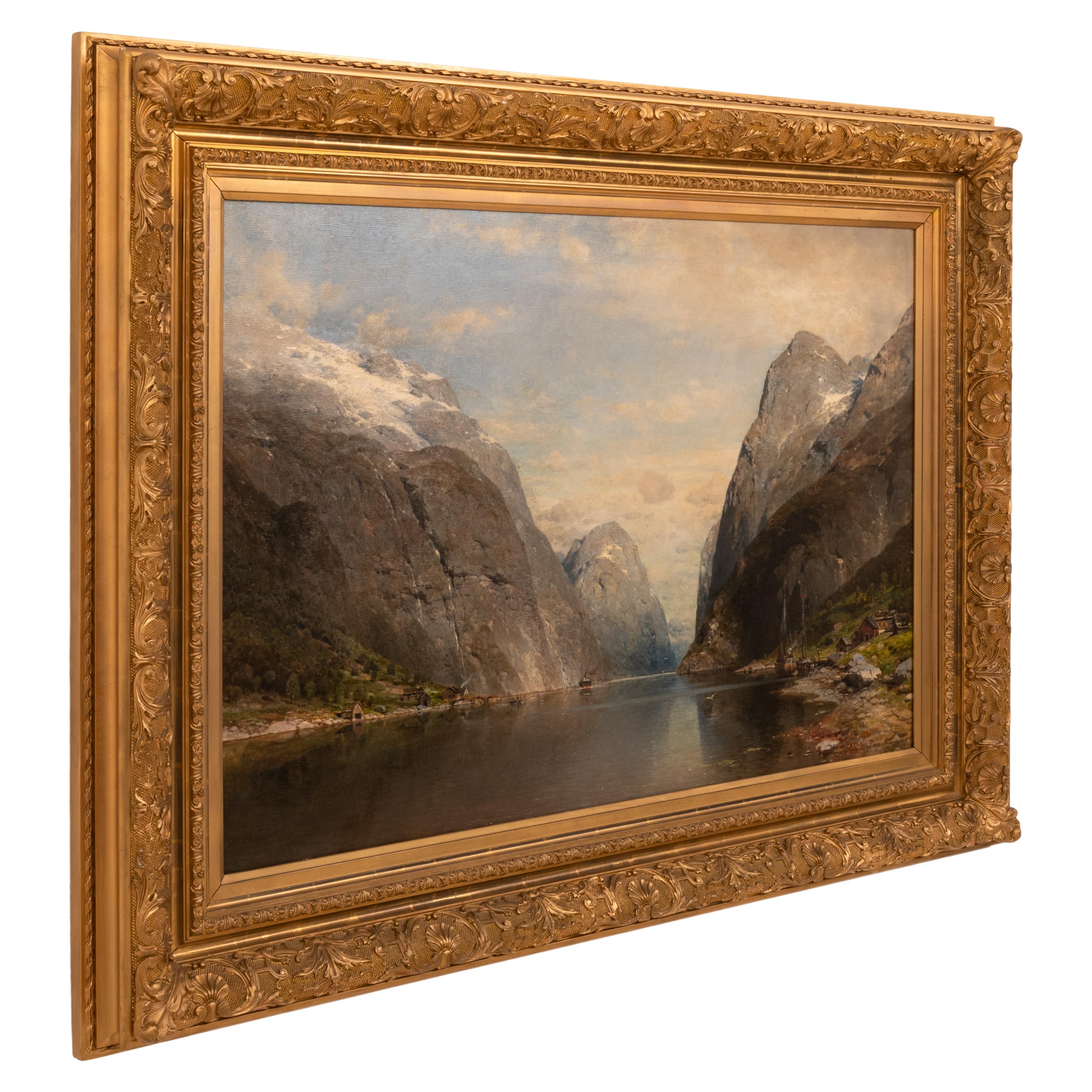 Large Antique German Oil on Canvas Norwegian Fjord Landscape River Boats Scene - Realist Painting by KARL JULIUS ROSE