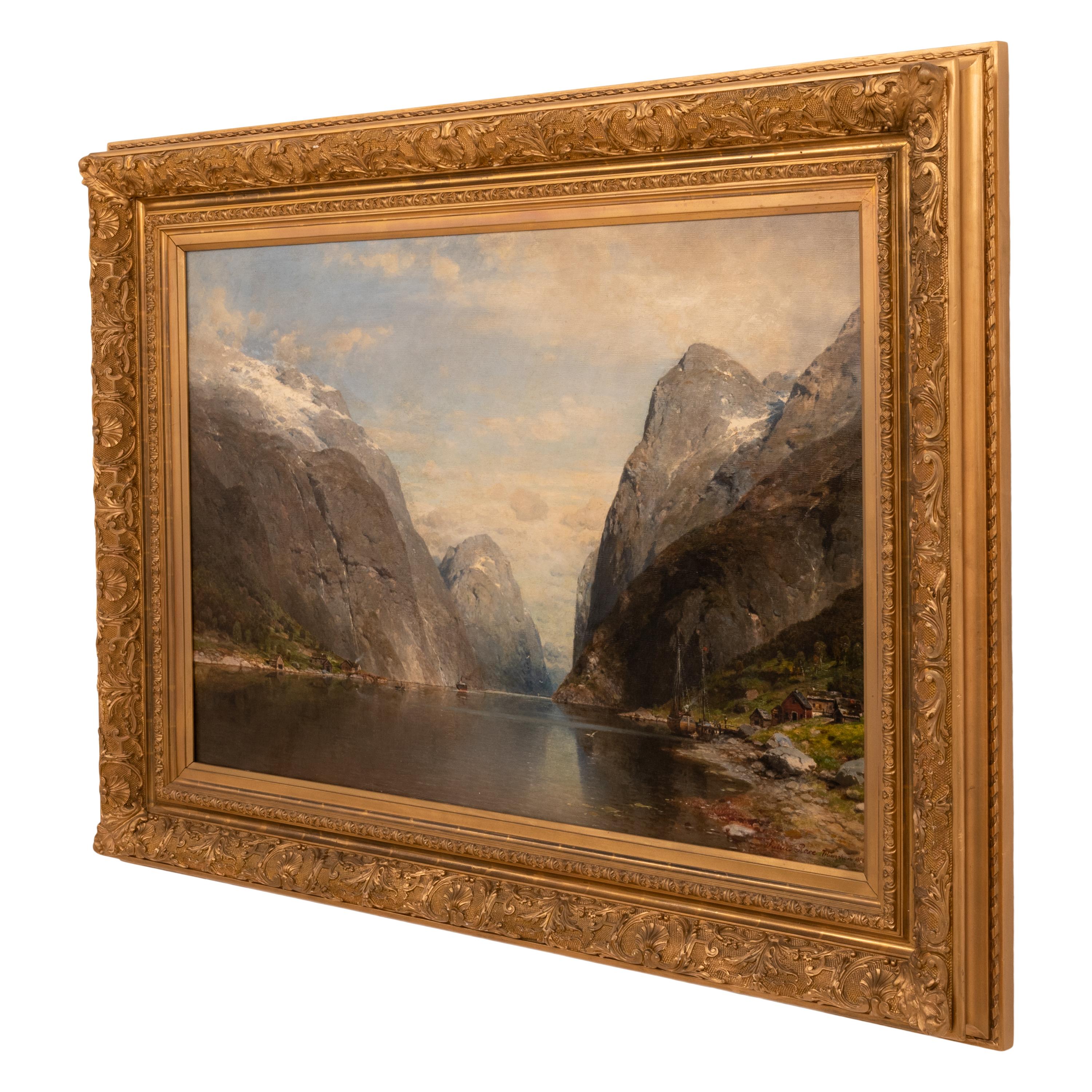 Large Antique German Oil on Canvas Norwegian Fjord Landscape Scene 1890 - Brown Landscape Painting by KARL JULIUS ROSE