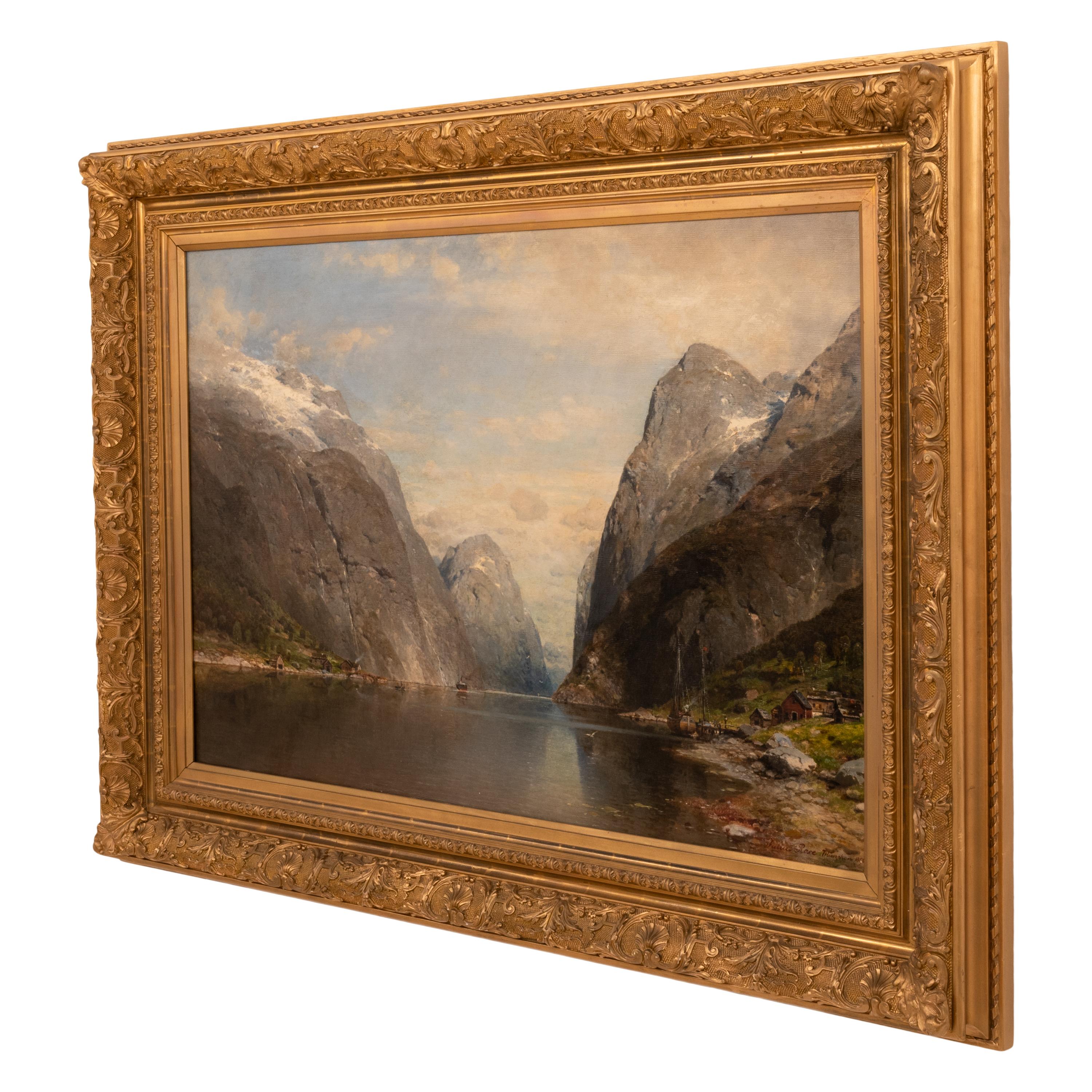 Large Antique German Oil on Canvas Norwegian Fjord Landscape River Boats Scene - Brown Landscape Painting by KARL JULIUS ROSE