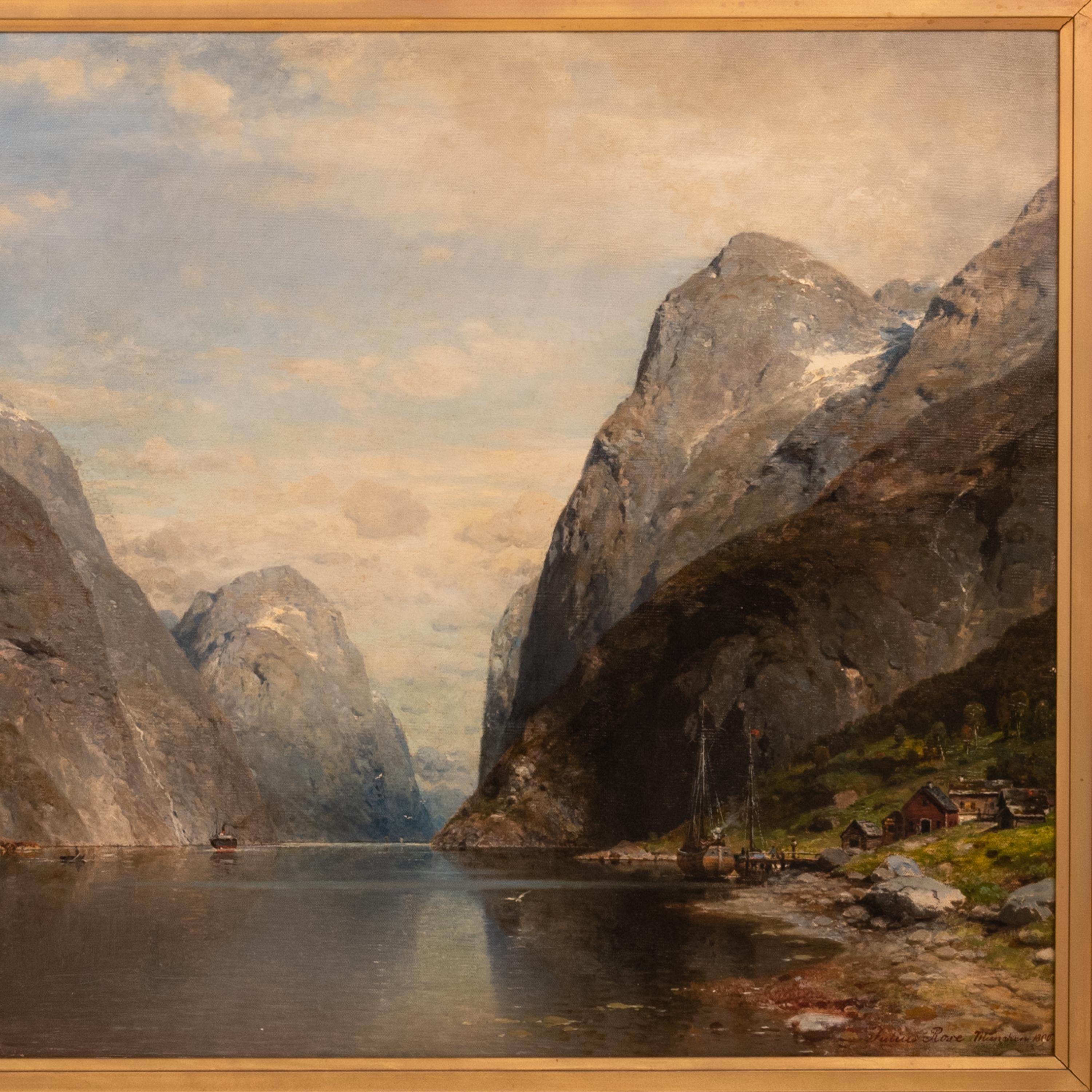 Großes antikes deutsches Ölgemälde auf Leinwand Norwegische Fjord-Landschaftssssszene 1890 (Braun), Landscape Painting, von KARL JULIUS ROSE