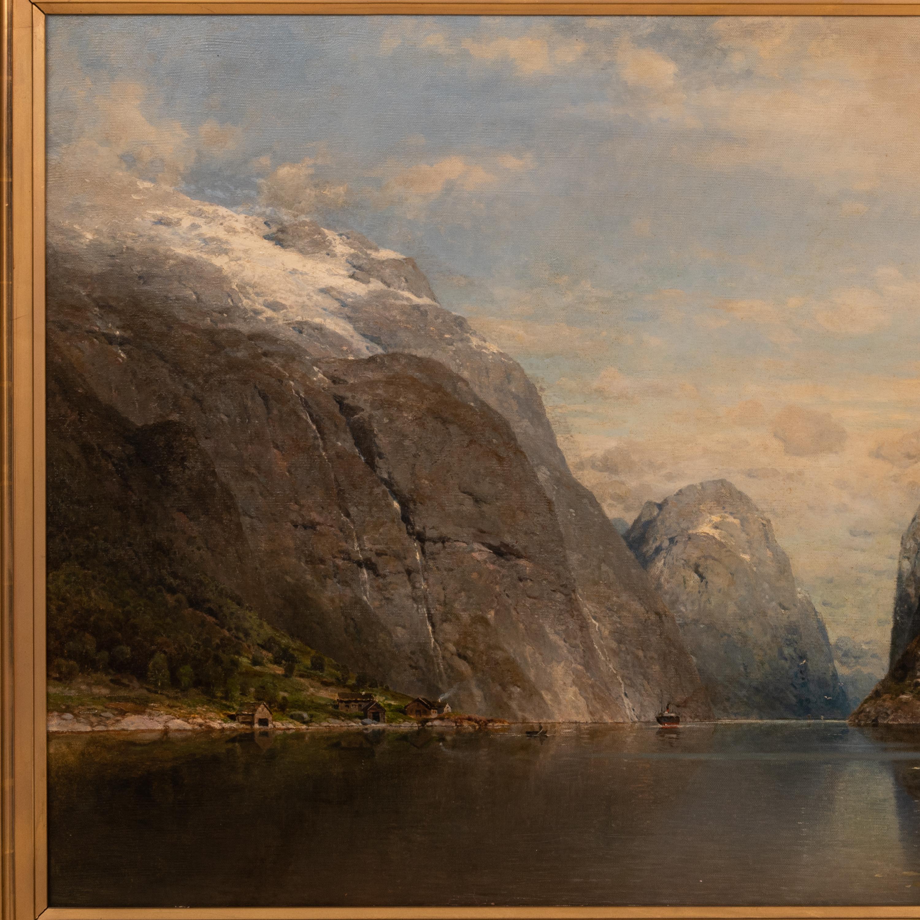 Grande huile sur toile allemande ancienne représentant un paysage norvégien de Fjord, 1890 en vente 1