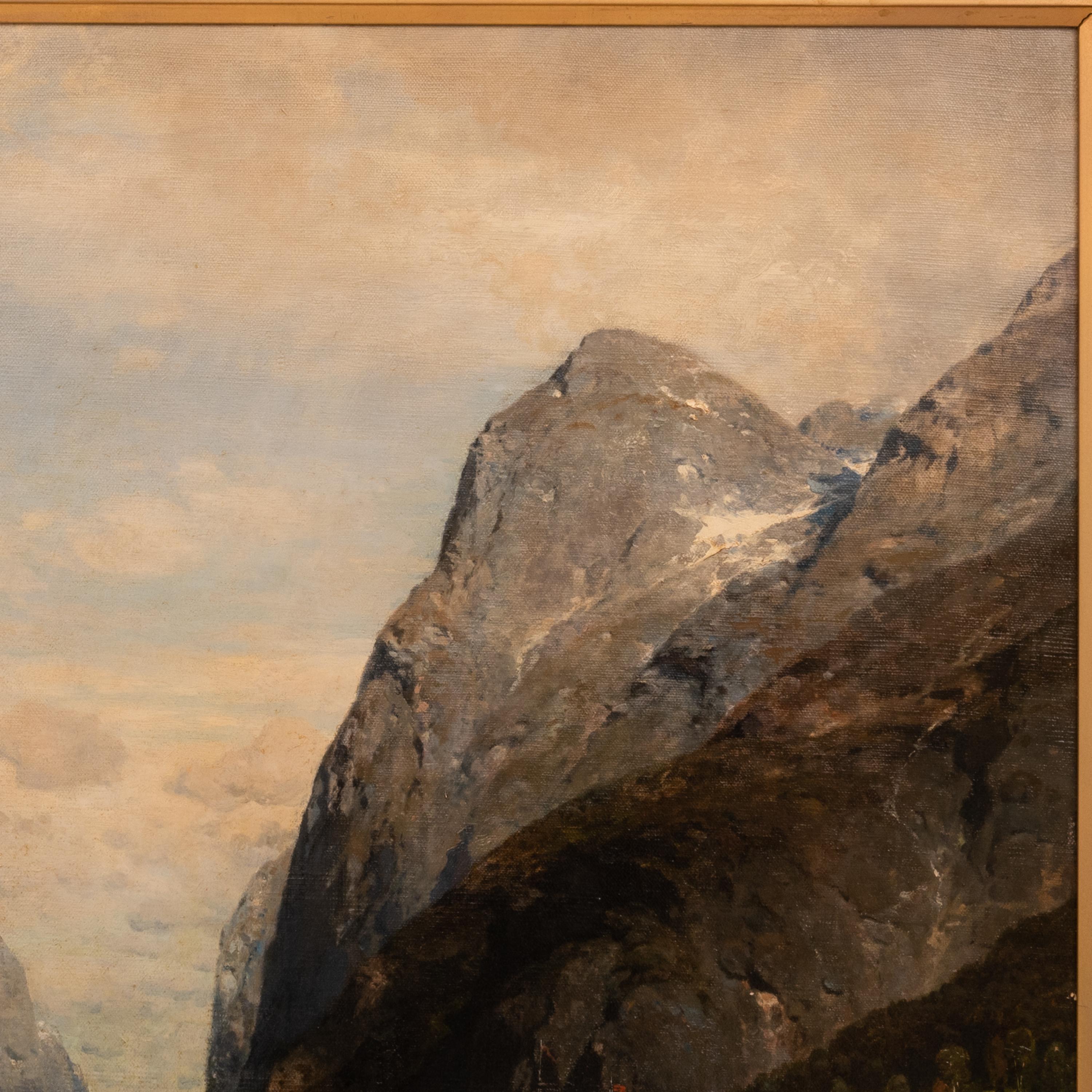 Large Antique German Oil on Canvas Norwegian Fjord Landscape River Boats Scene For Sale 2