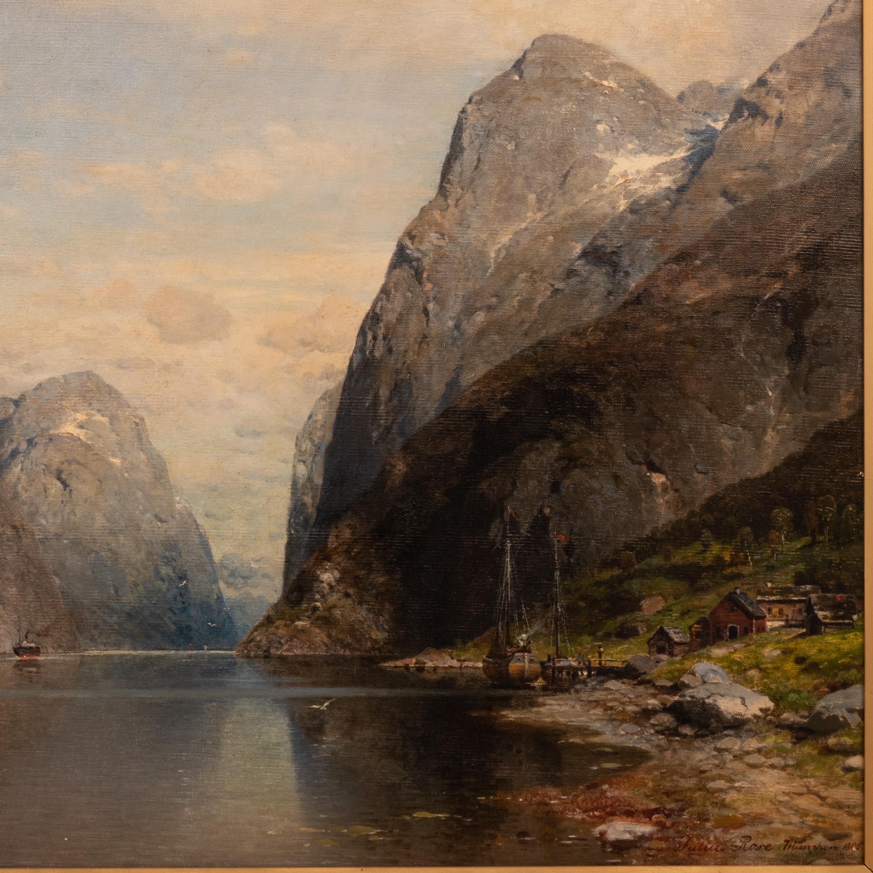 Large Antique German Oil on Canvas Norwegian Fjord Landscape River Boats Scene For Sale 3