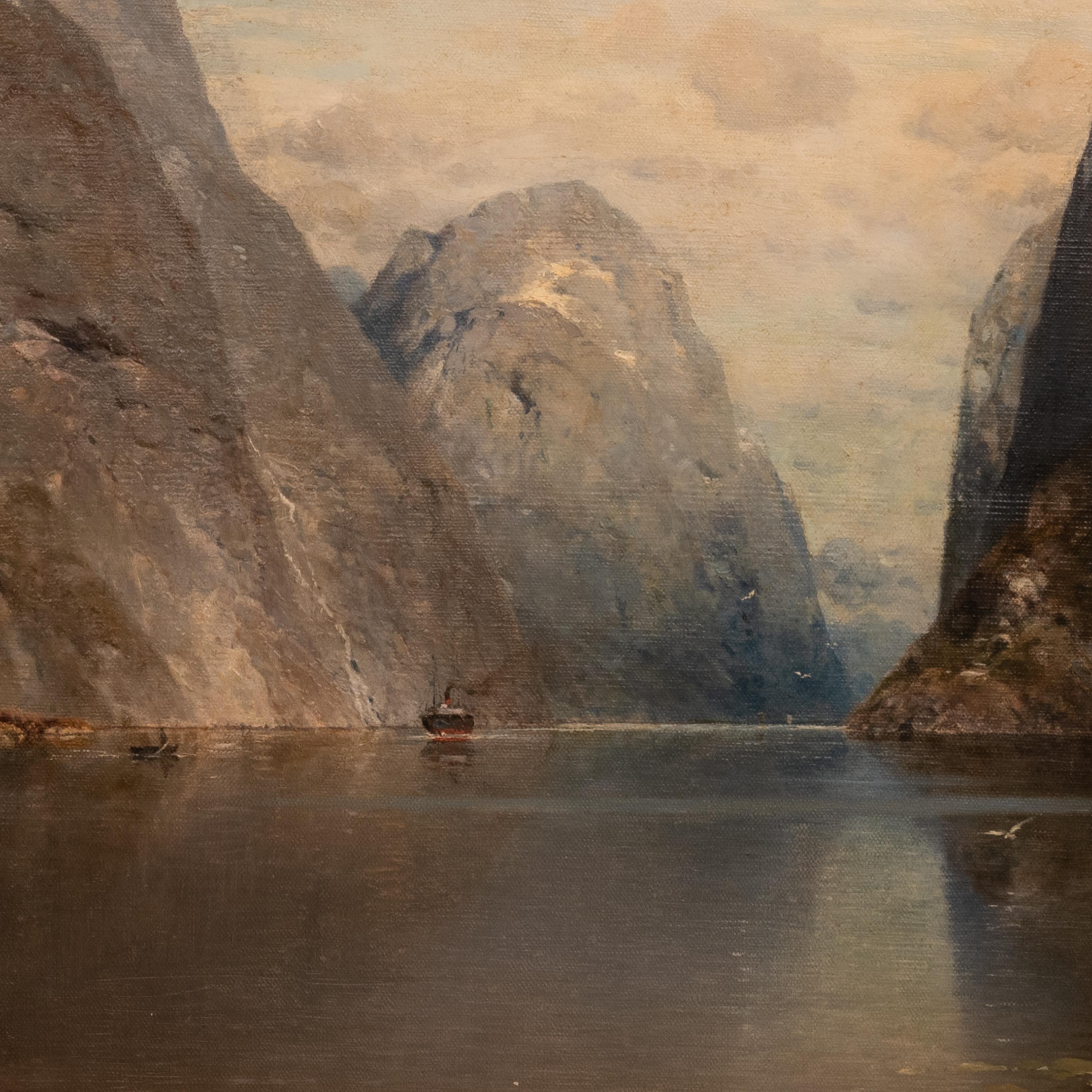 Large Antique German Oil on Canvas Norwegian Fjord Landscape River Boats Scene For Sale 4