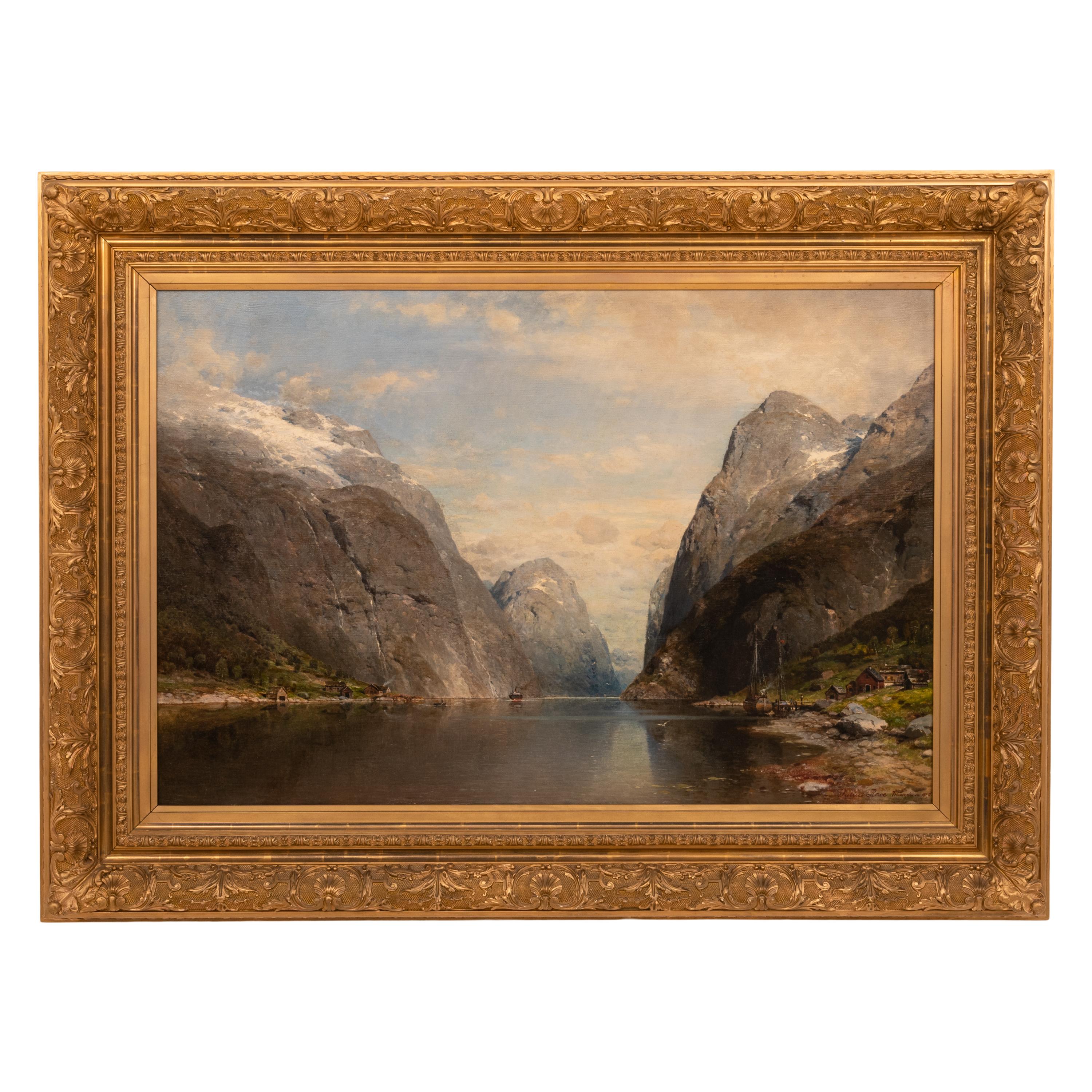KARL JULIUS ROSE Landscape Painting - Large Antique German Oil on Canvas Norwegian Fjord Landscape River Boats Scene
