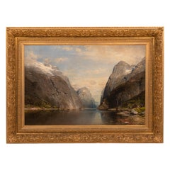 Grande huile sur toile allemande ancienne représentant un paysage norvégien de Fjord, 1890