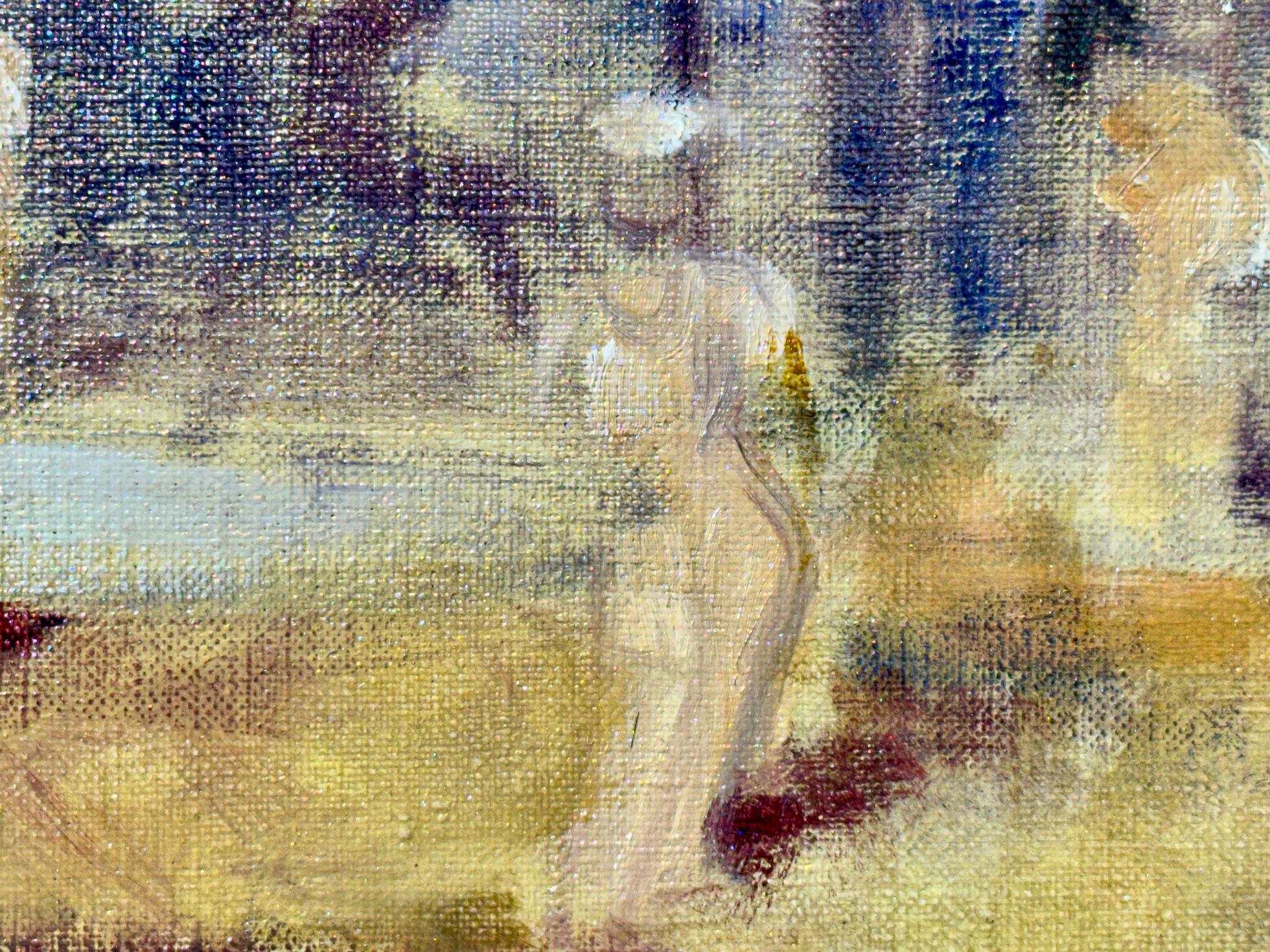Wunderschöne impressionistische Szene aus Schweden 

Die mit großer Sorgfalt gemalte Szene zeigt eine Café-Außenszene mit Figuren in einer weitläufigen Landschaft und Stadt. 

Der Künstler war ein Maler von Landschaften, Stadtbildern und anderen