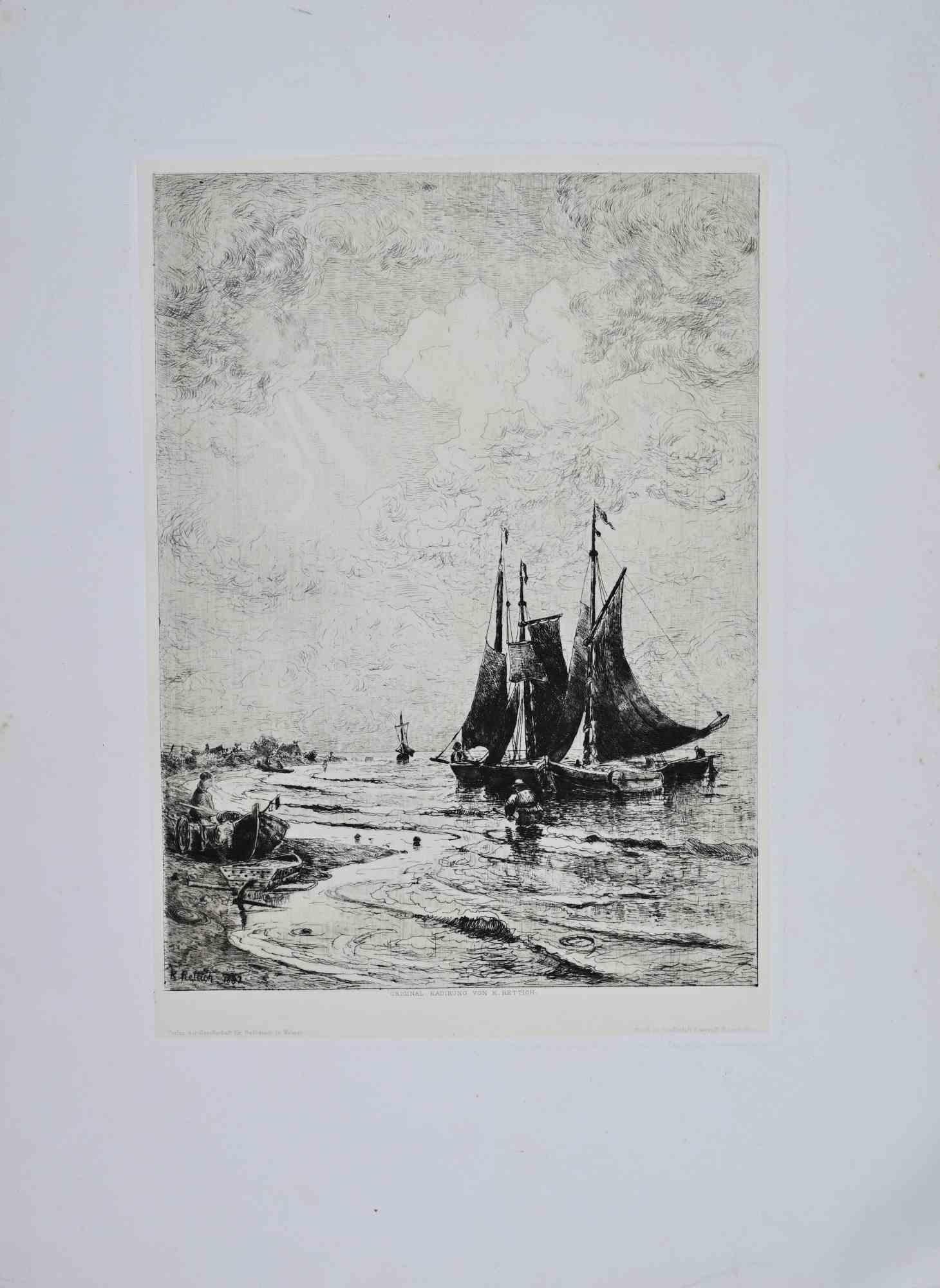 Original etching on paper depicting a tranquil coastal scene with fishing vessels moored in shallow waters at low tide. The composition is dominated by a dramatic expanse of sky, animated by swirling cloud formations that contrast with the stillness