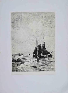 Coastal Fishing Vessels at Low Tide-Etching by Karl Kricheldorf-20th Century