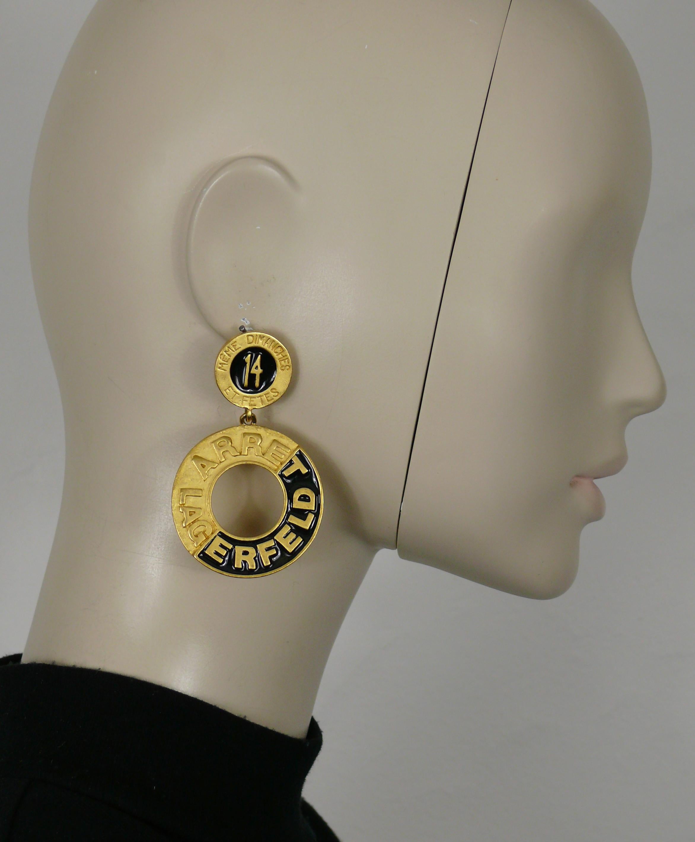 KARL LAGERFELD vintage gold tone and black enamel dangling earrings (clip-on) embossed on front side 